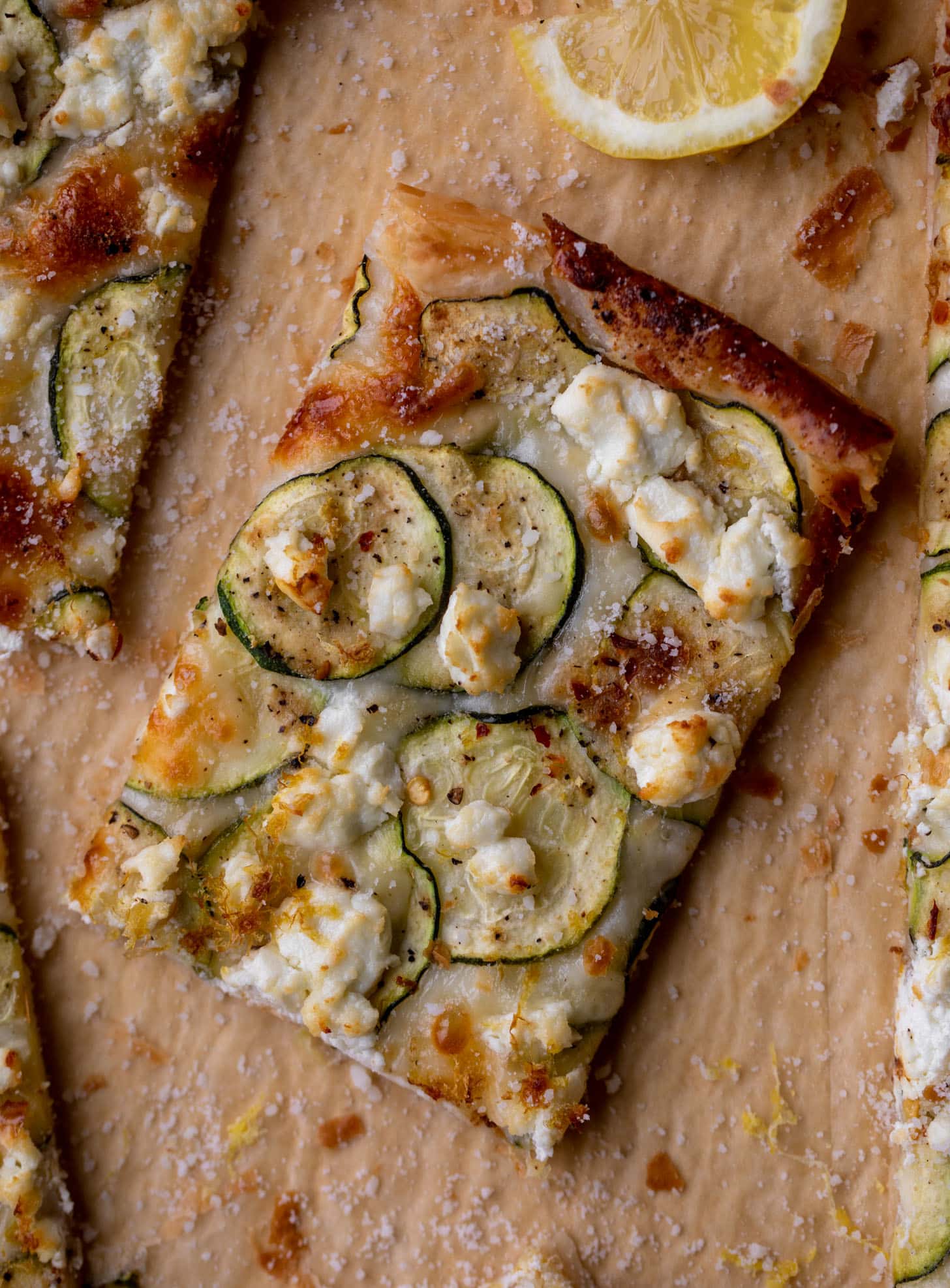 zucchini, lemon & goat cheese puff pastry pizza