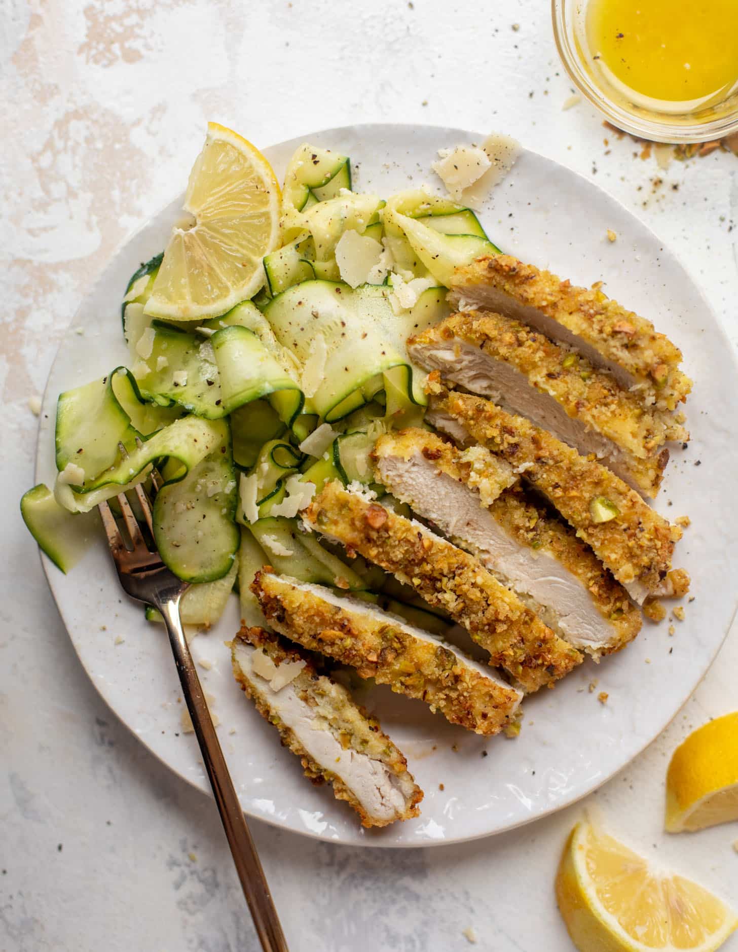 pistachio crusted chicken with zucchini ribbon salad