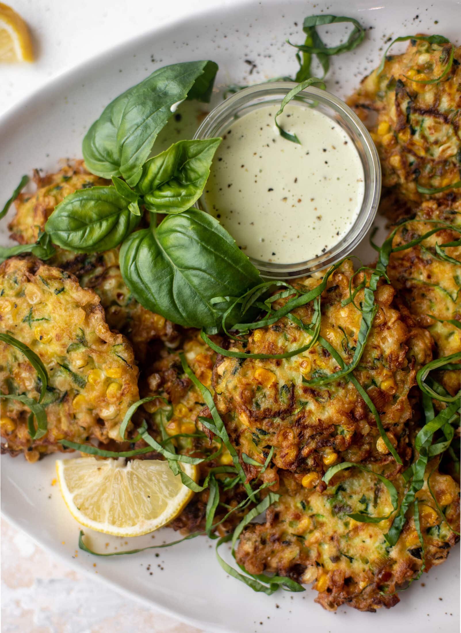 zucchini corn fritters with lemon basil aioli