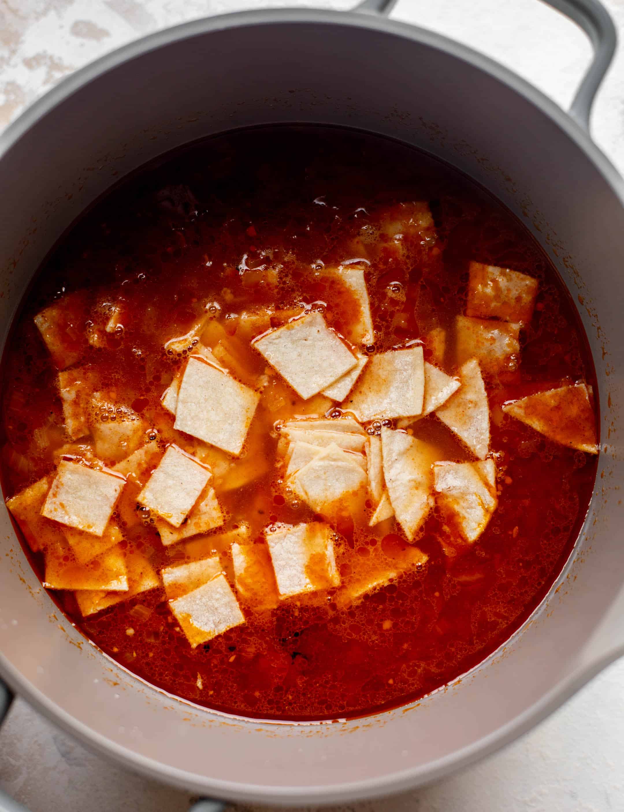 tortilla soup base with chopped tortillas
