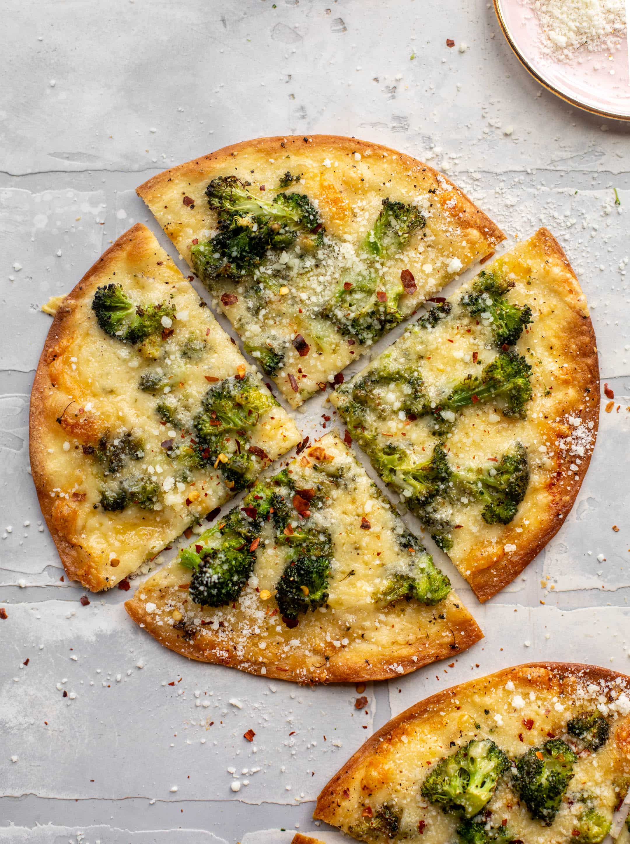crispy broccoli cheese tortilla pizzas