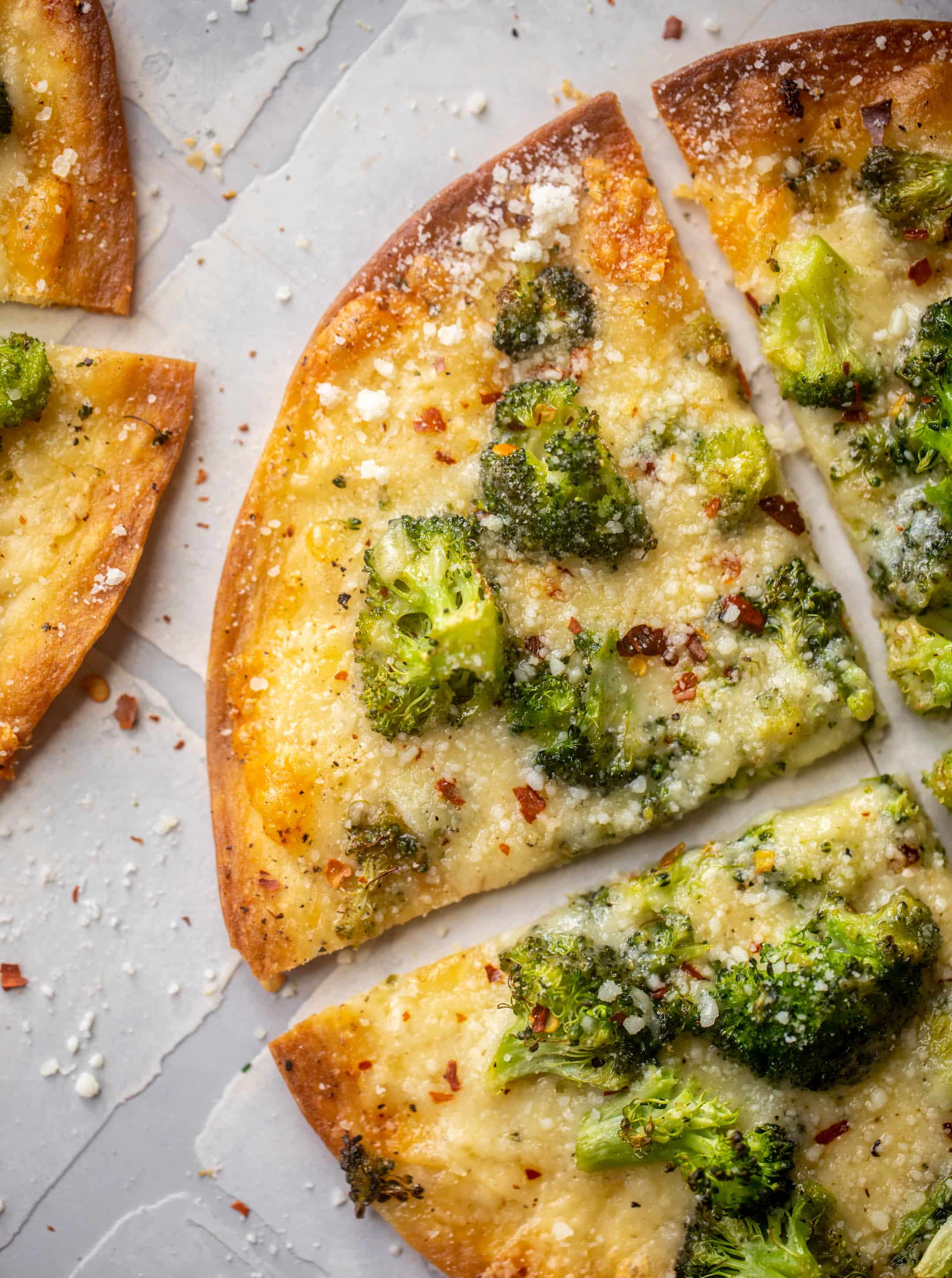 crispy broccoli cheese tortilla pizzas