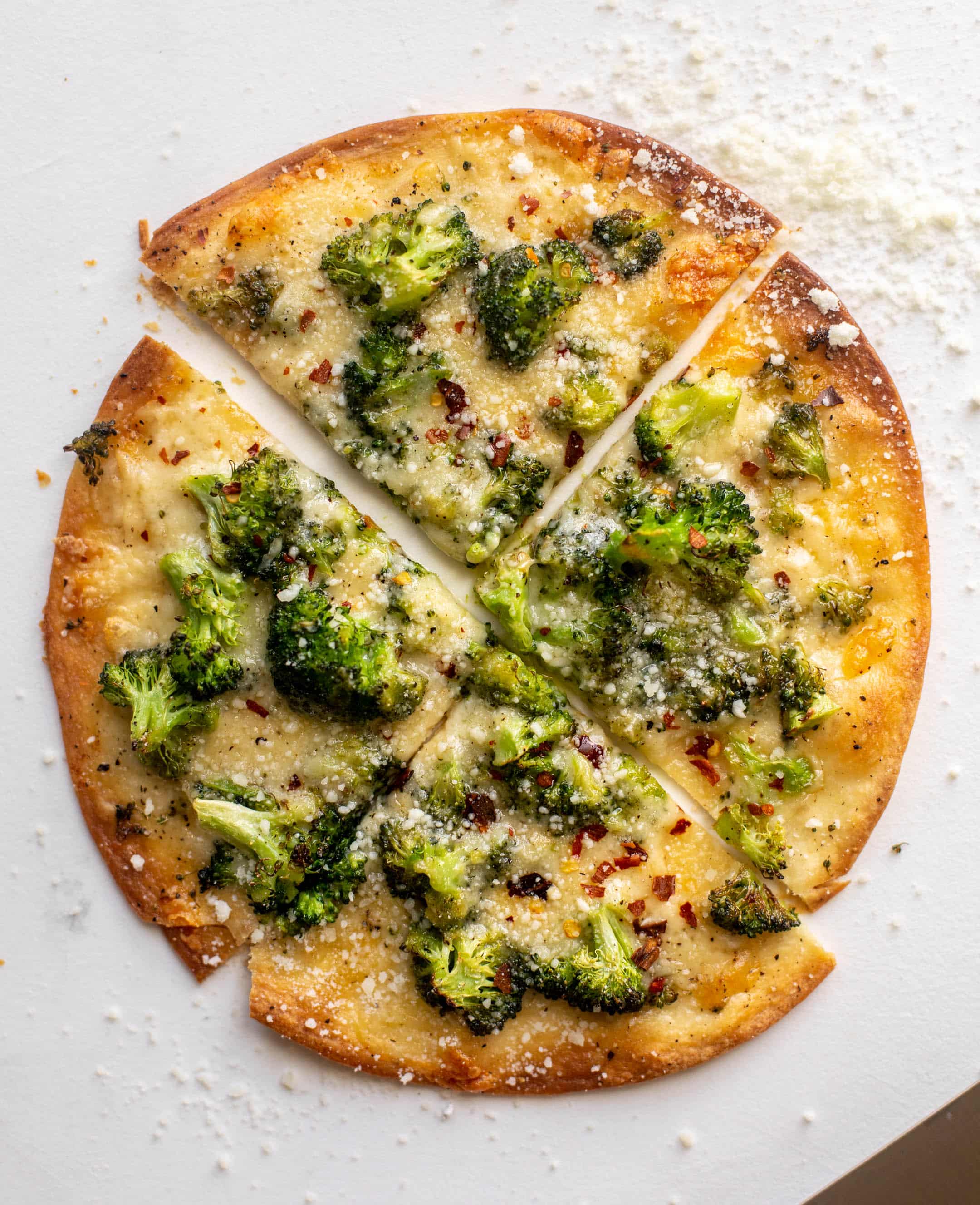 crispy broccoli cheese tortilla pizzas