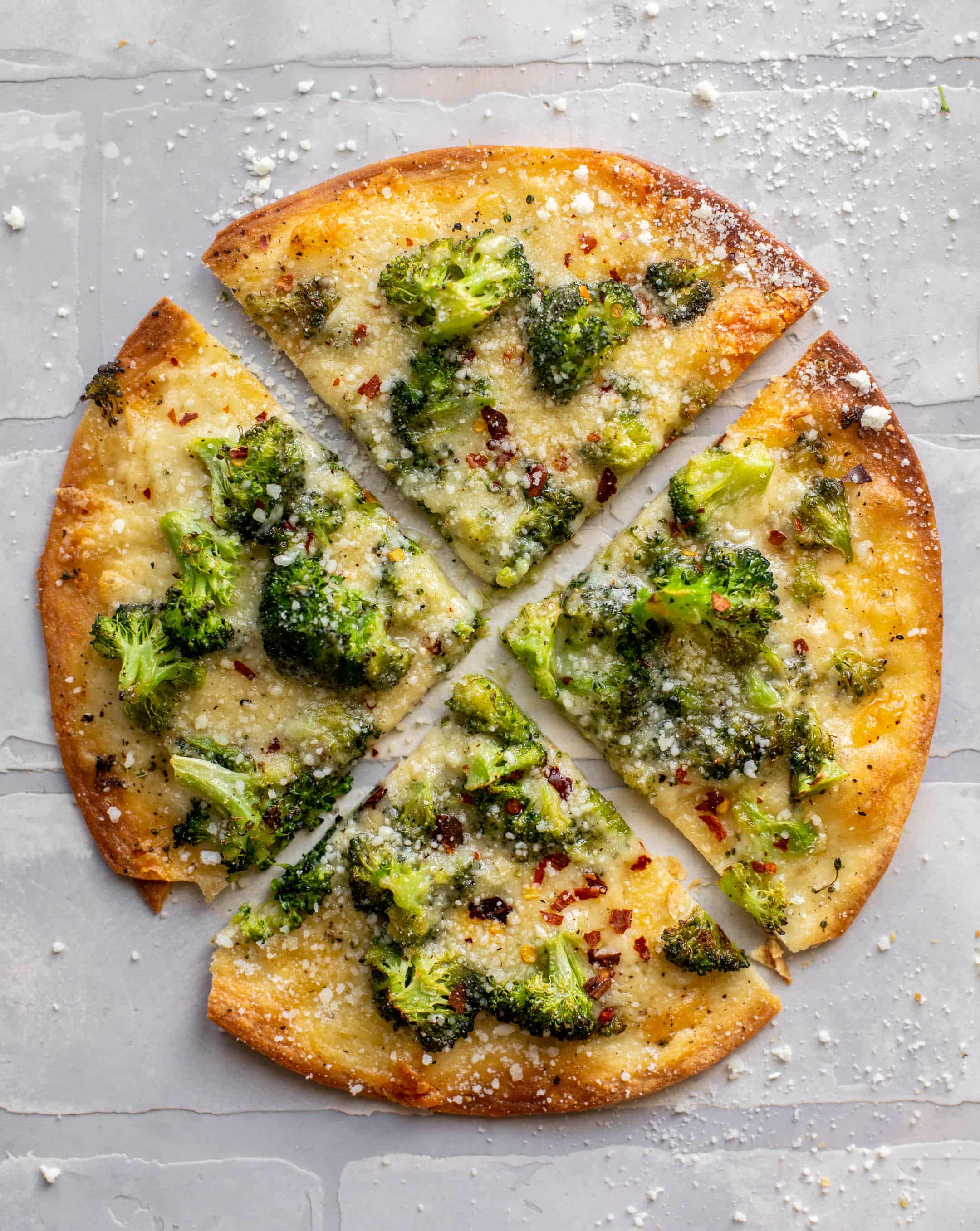 crispy broccoli cheese tortilla pizzas