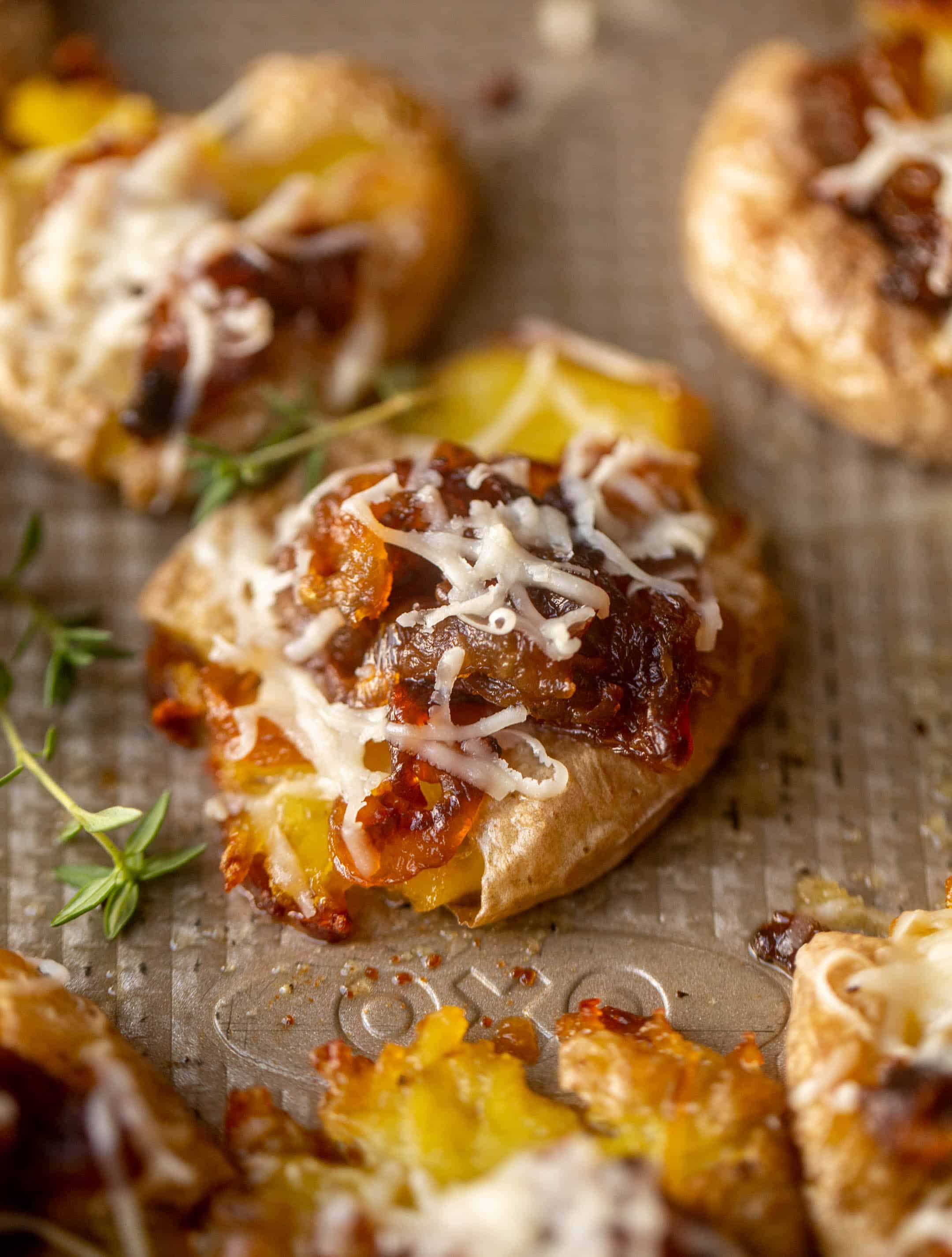 crispy french onion smashed potatoes