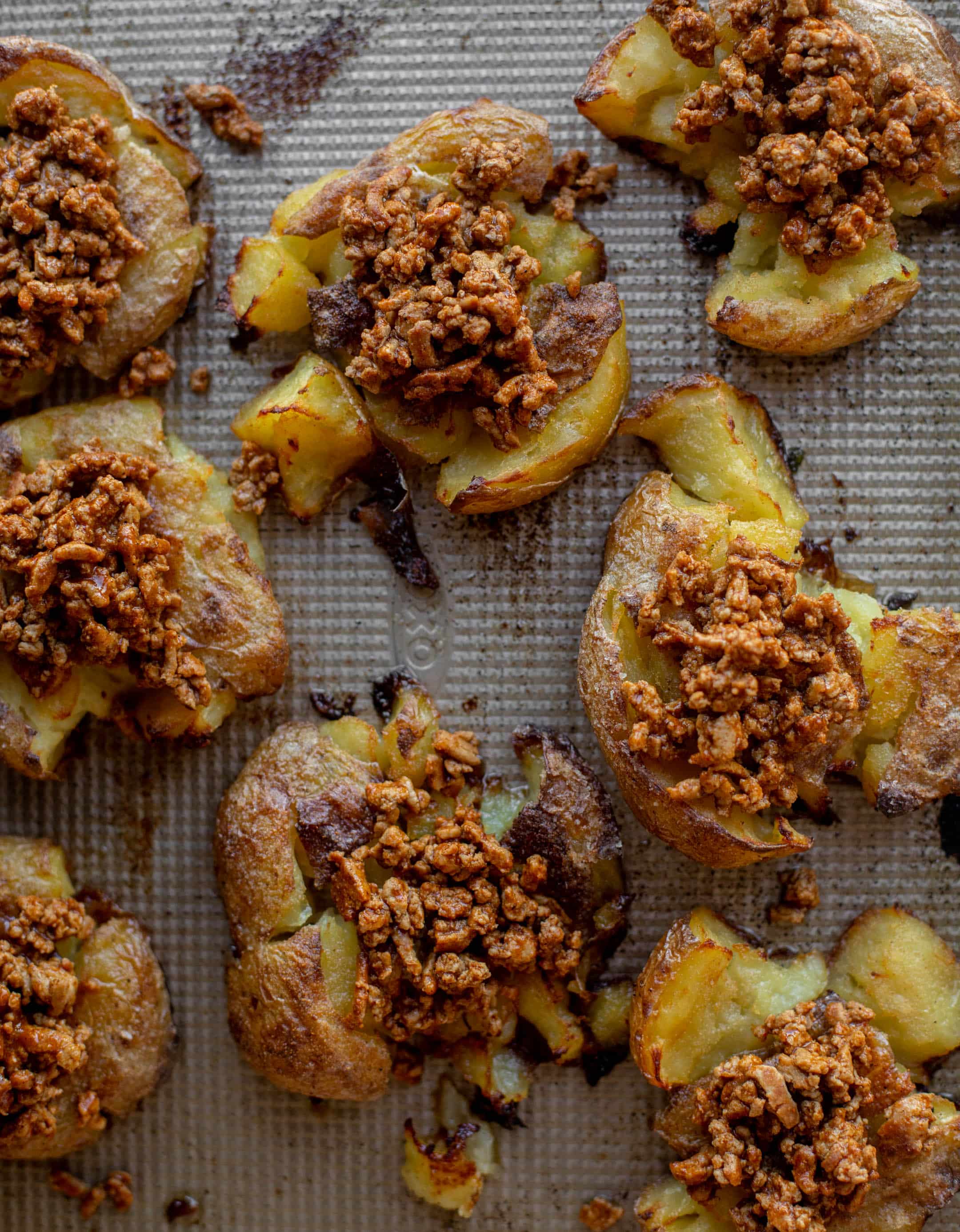 smashed potatoes topped with taco meat