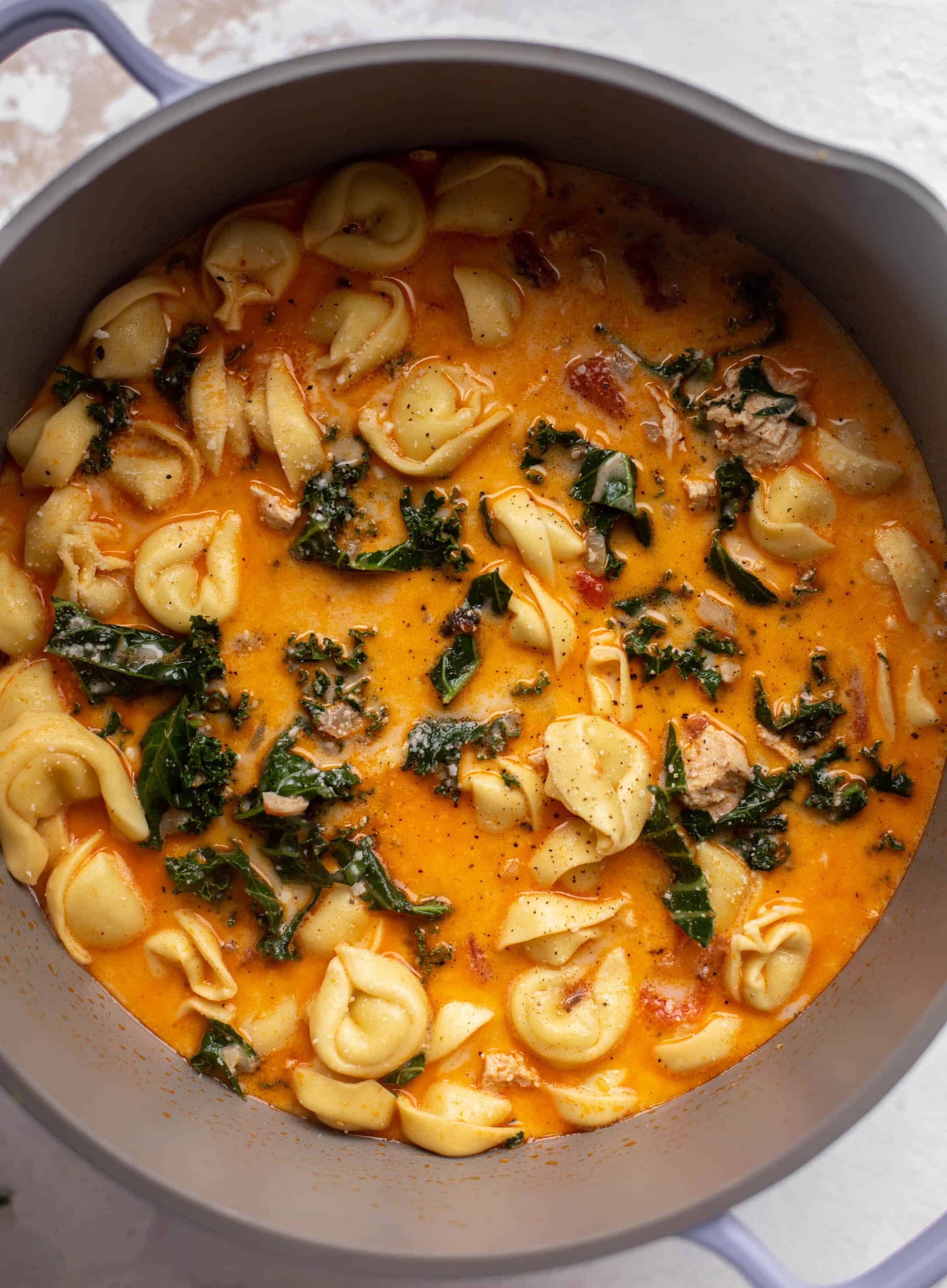 pot of fire roasted chicken tortellini soup