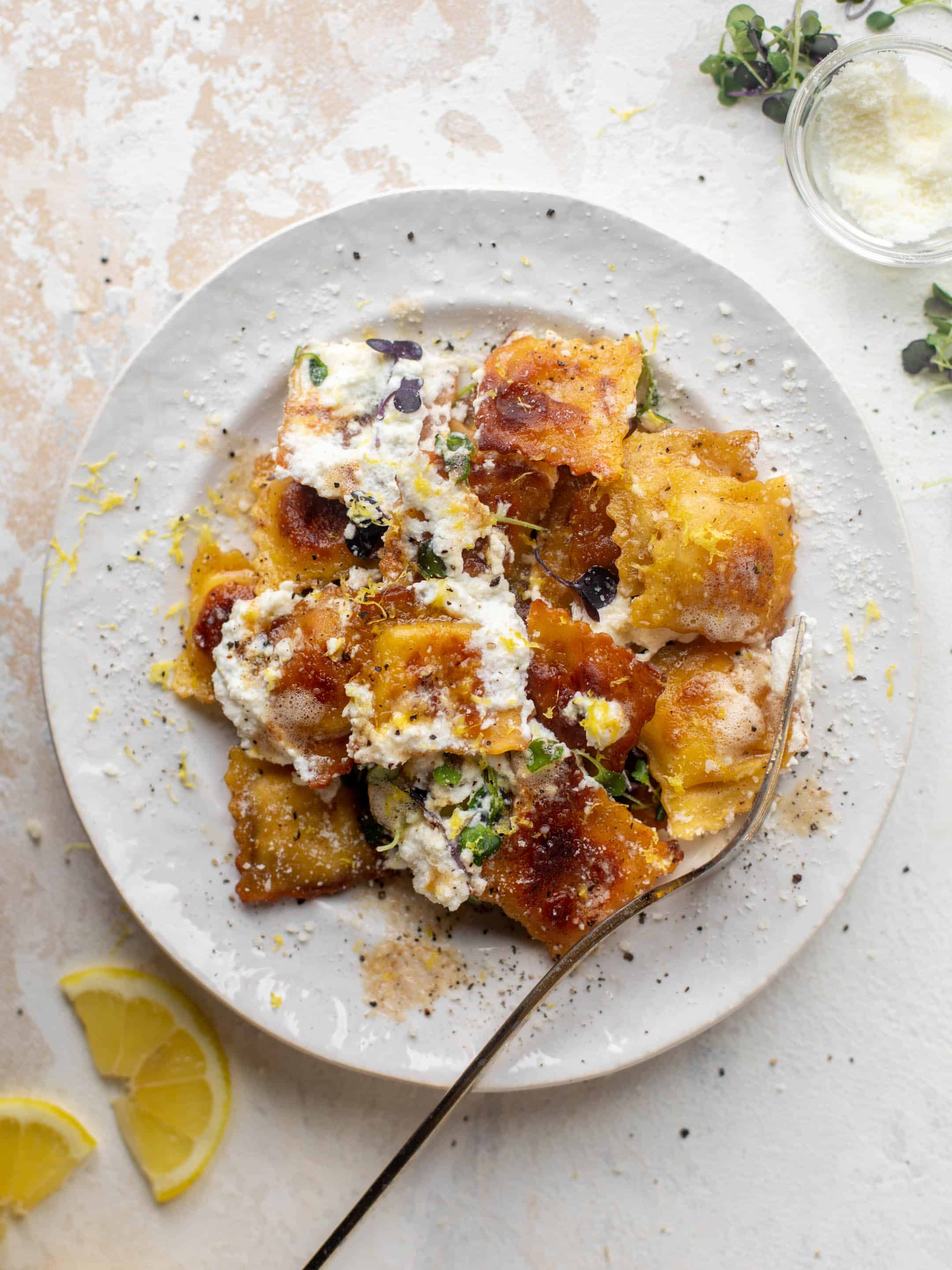 toasted skillet ravioli with lemon & brown butter