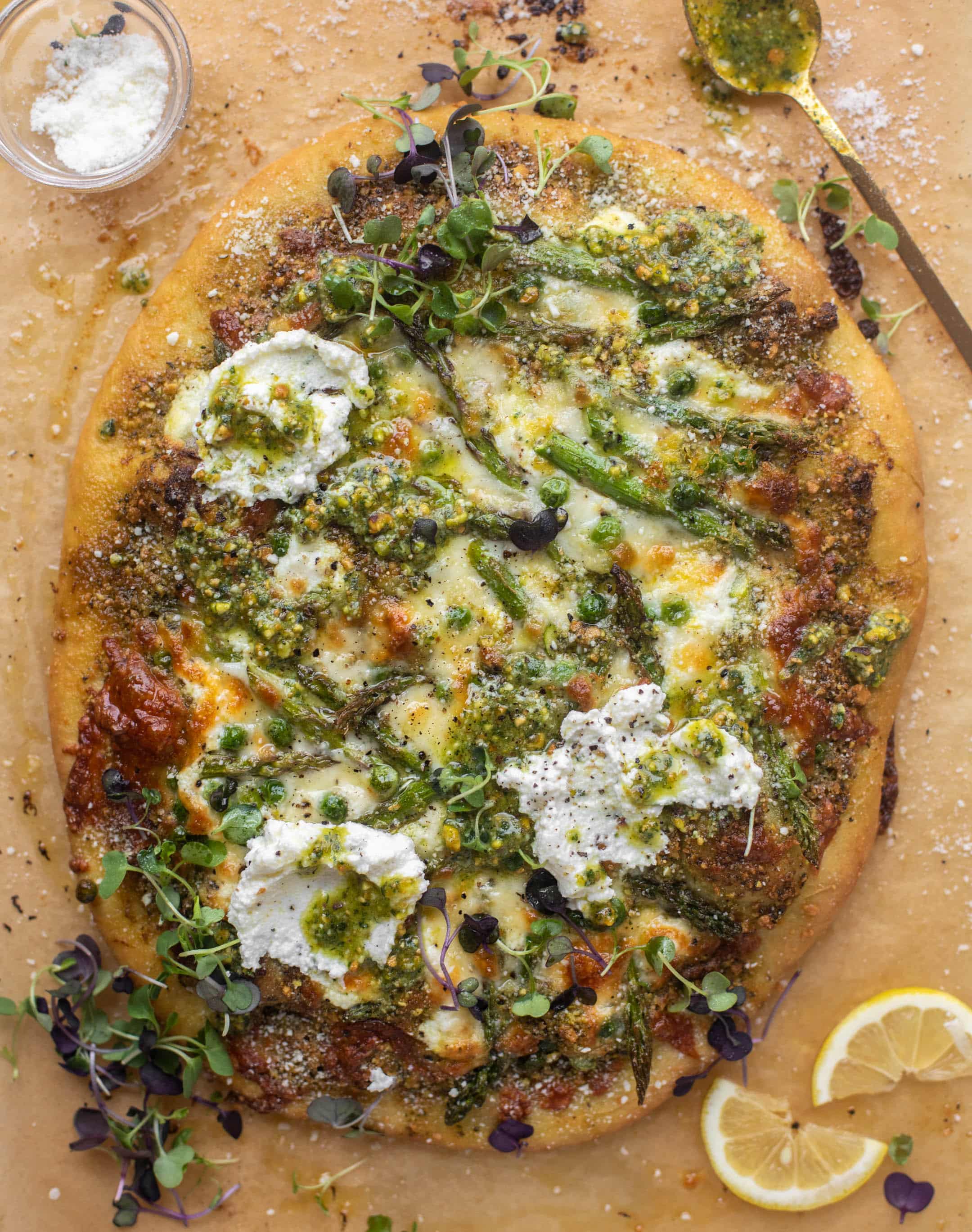 spring pistachio pesto pizza