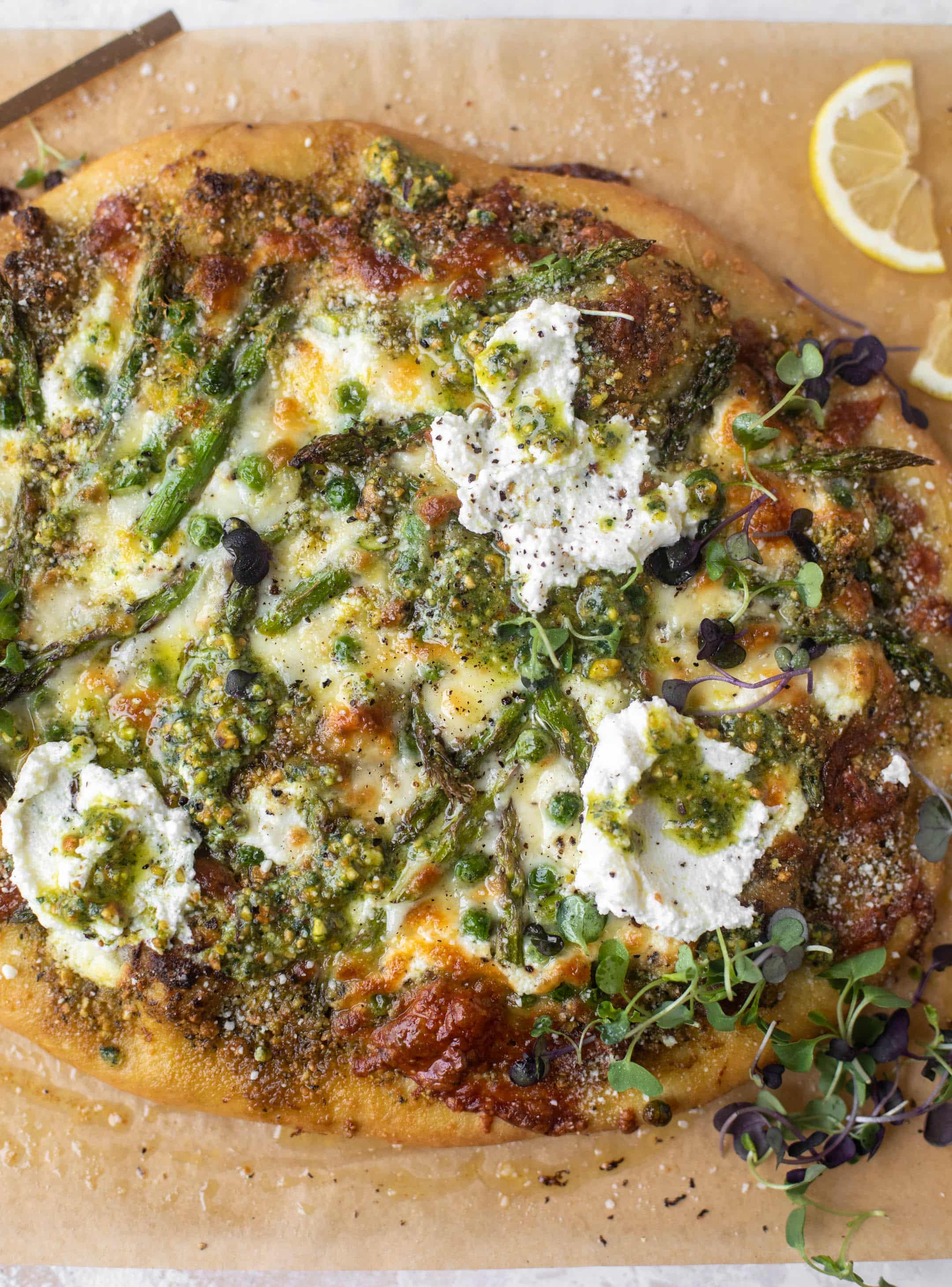 spring pistachio pesto pizza