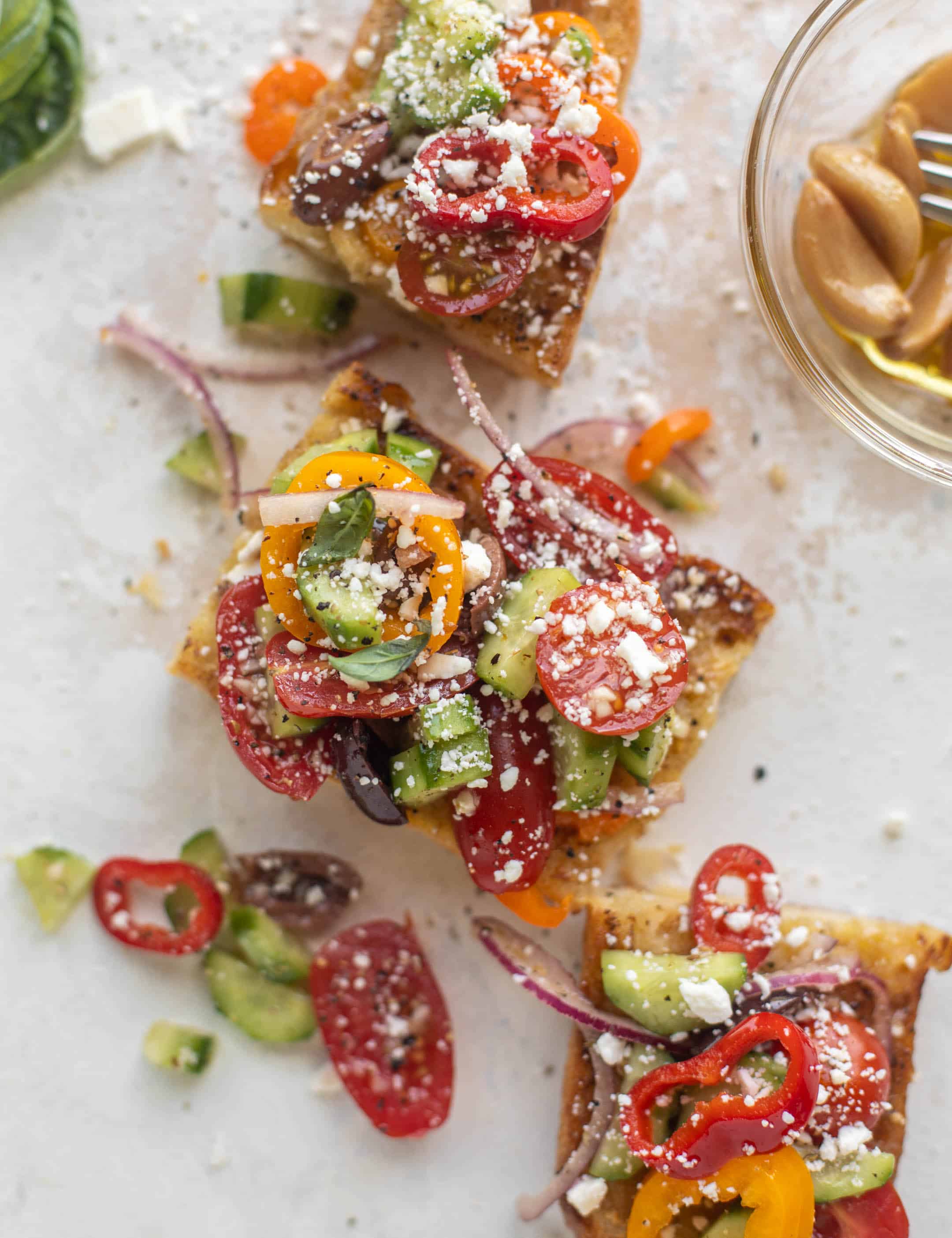 grilled garlic baguettes with greek salad