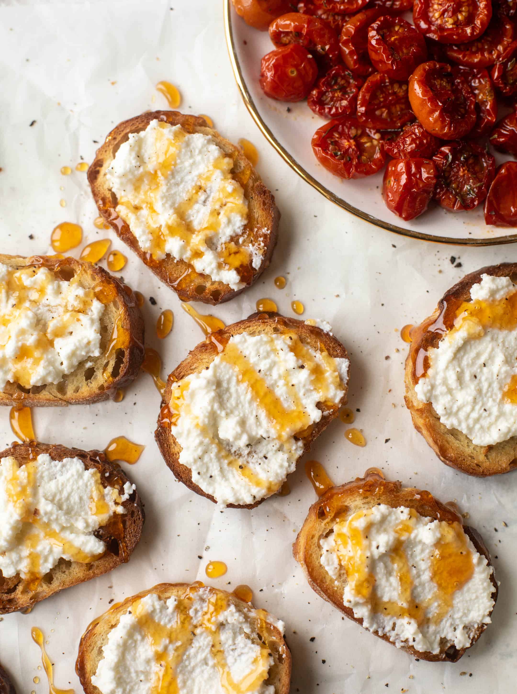 slow roasted hot honey tomato crostini