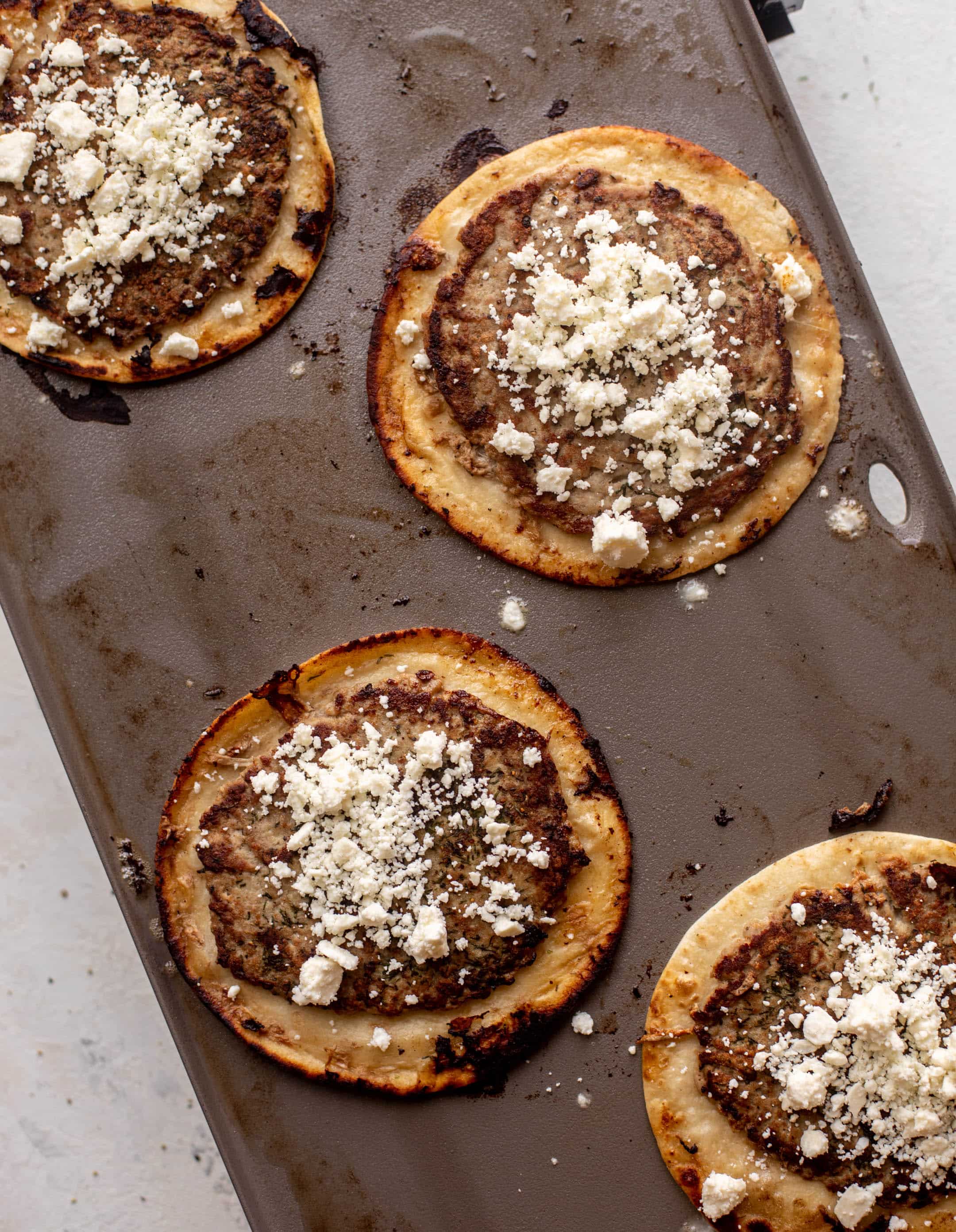 Mediterranean turkey smash burger tacos