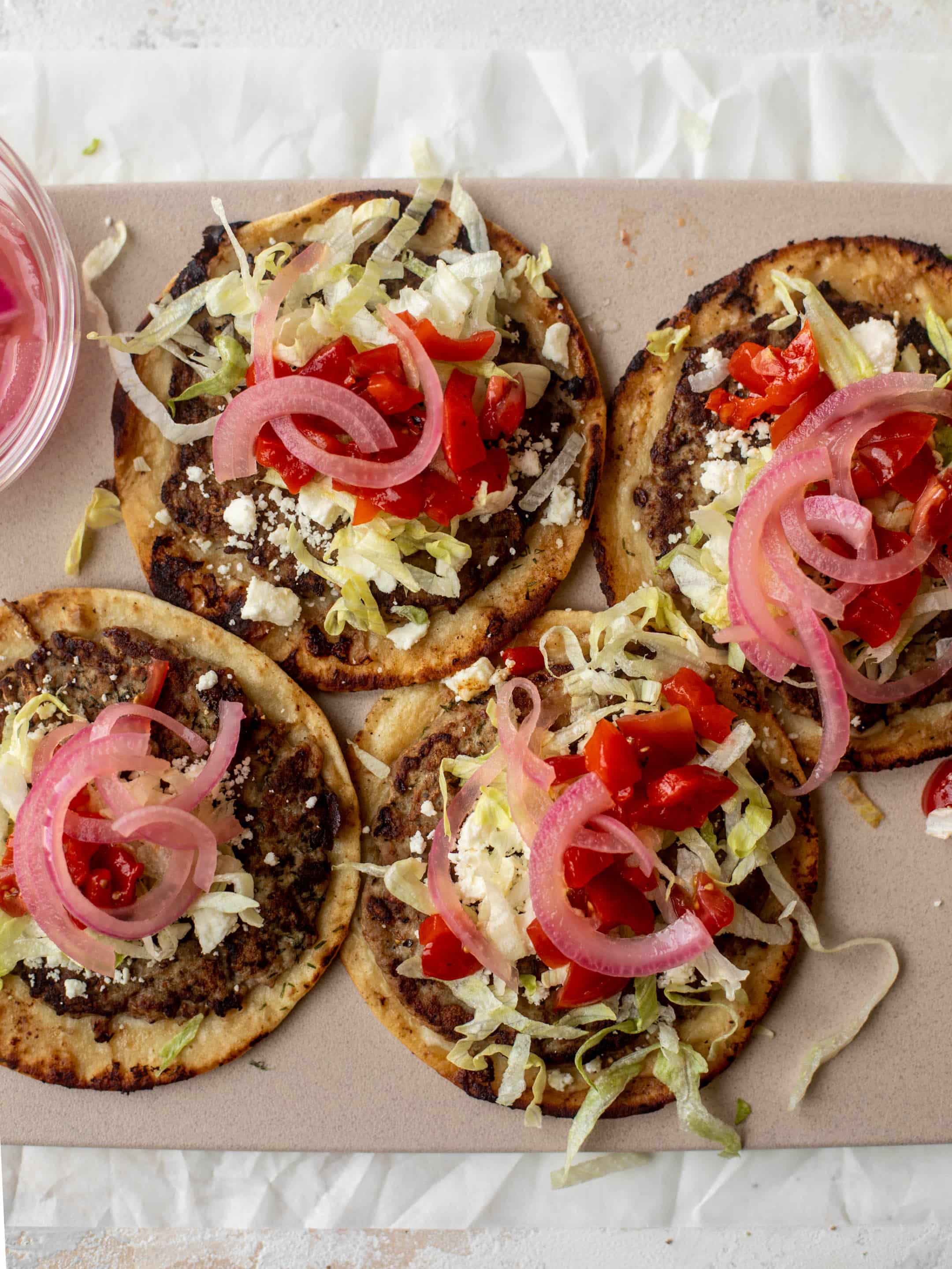 Mediterranean turkey smash burger tacos