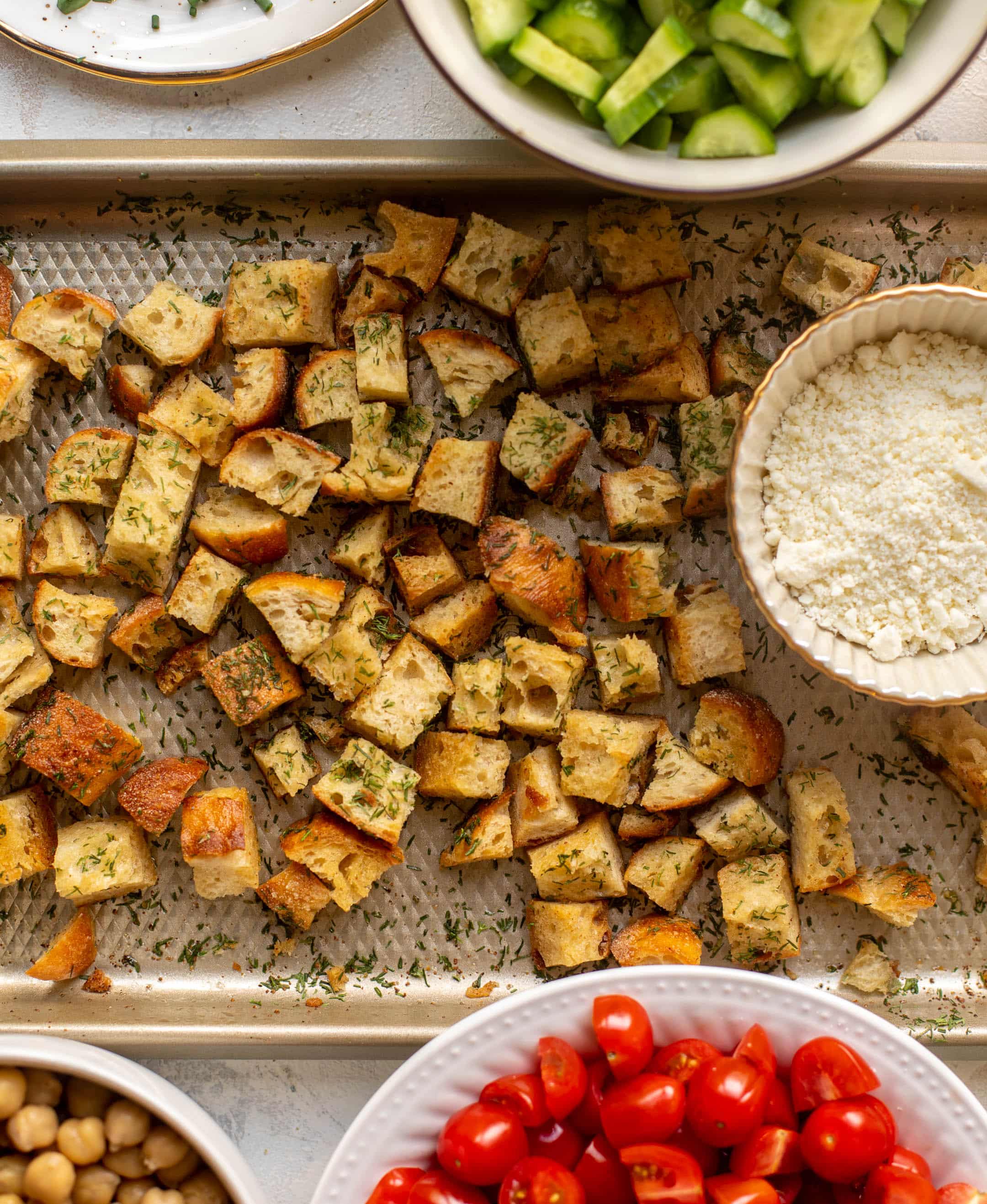 chickpea salad bowl with dilly croutons