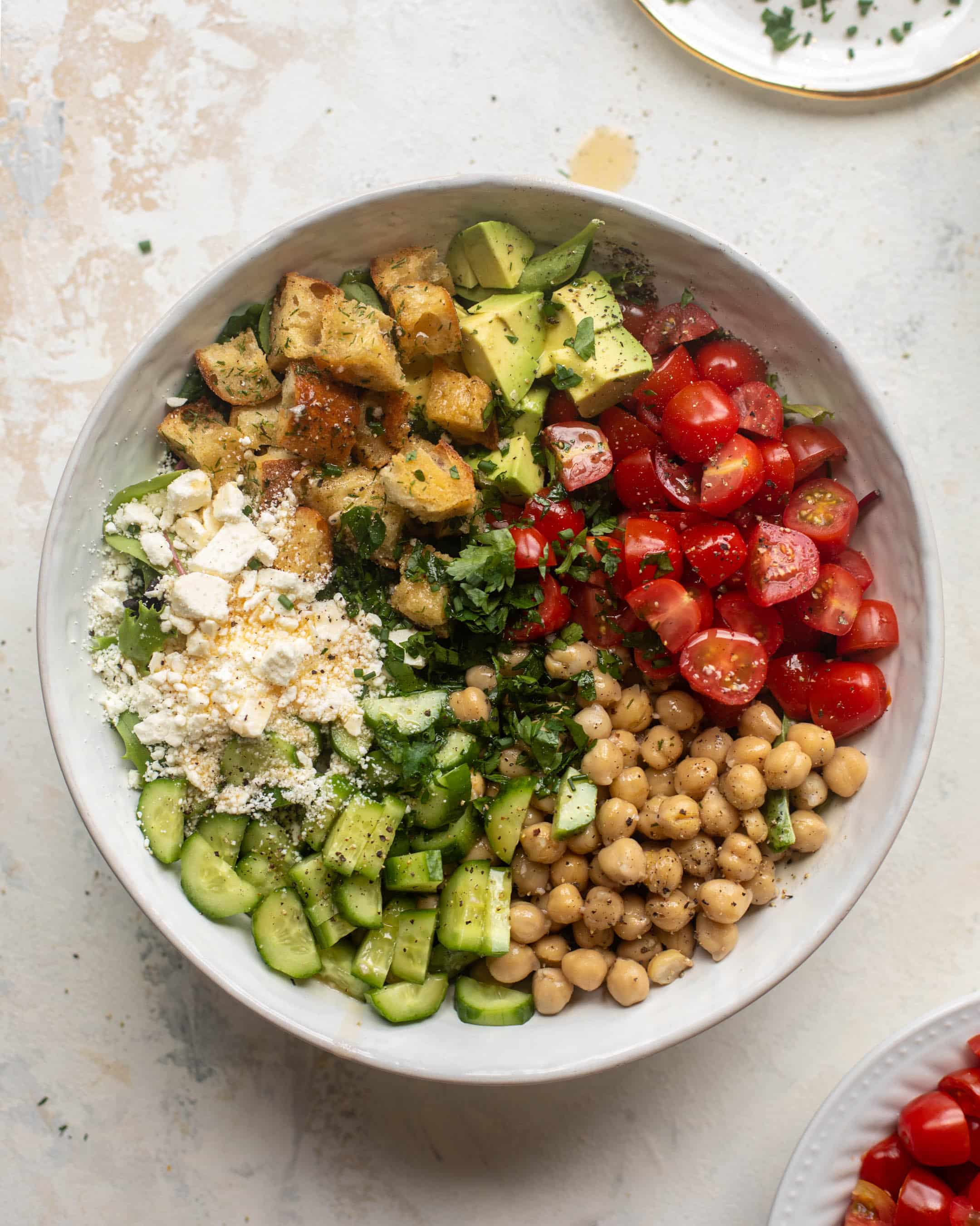 chickpea salad bowl with dilly croutons
