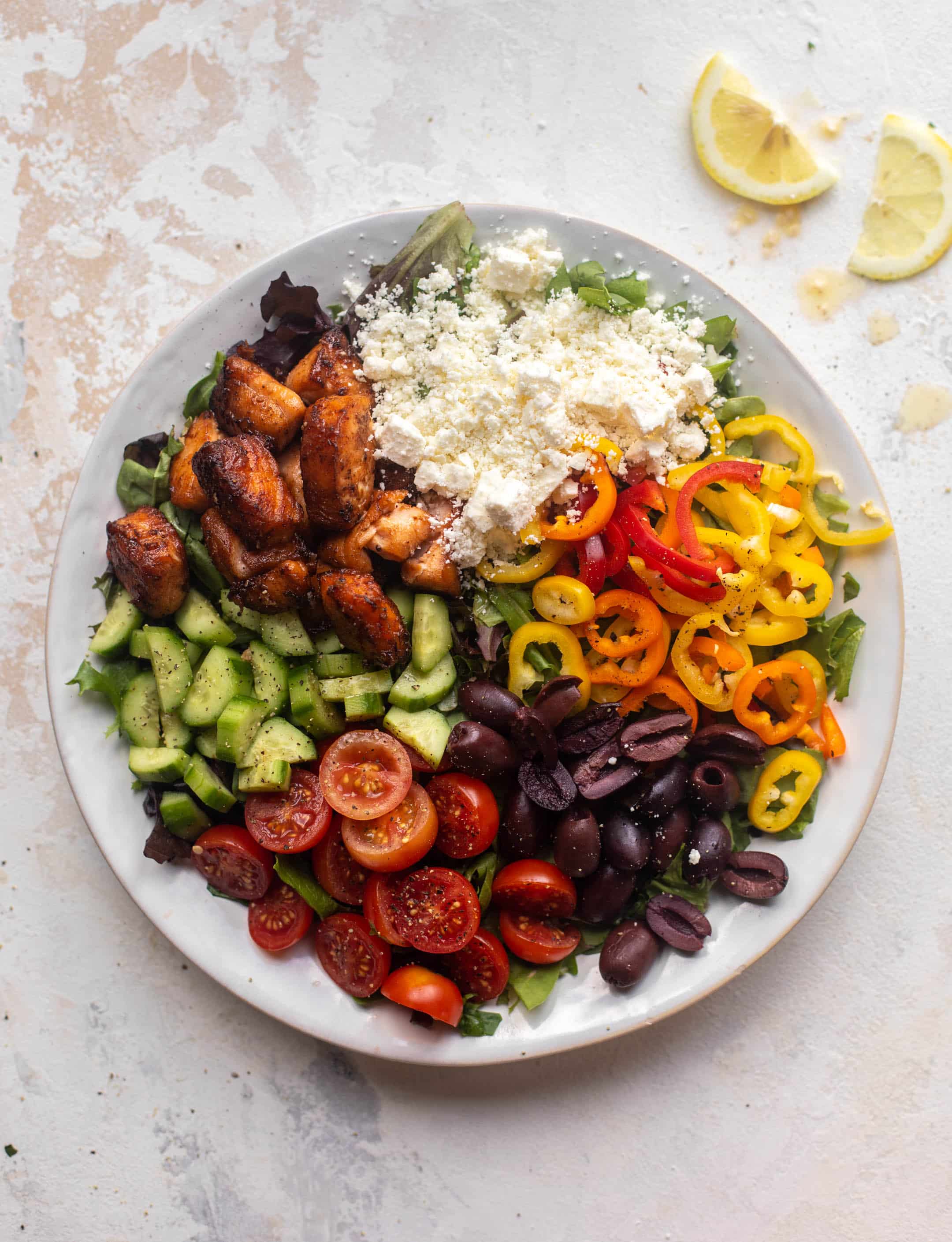 crispy lemon salmon greek salad