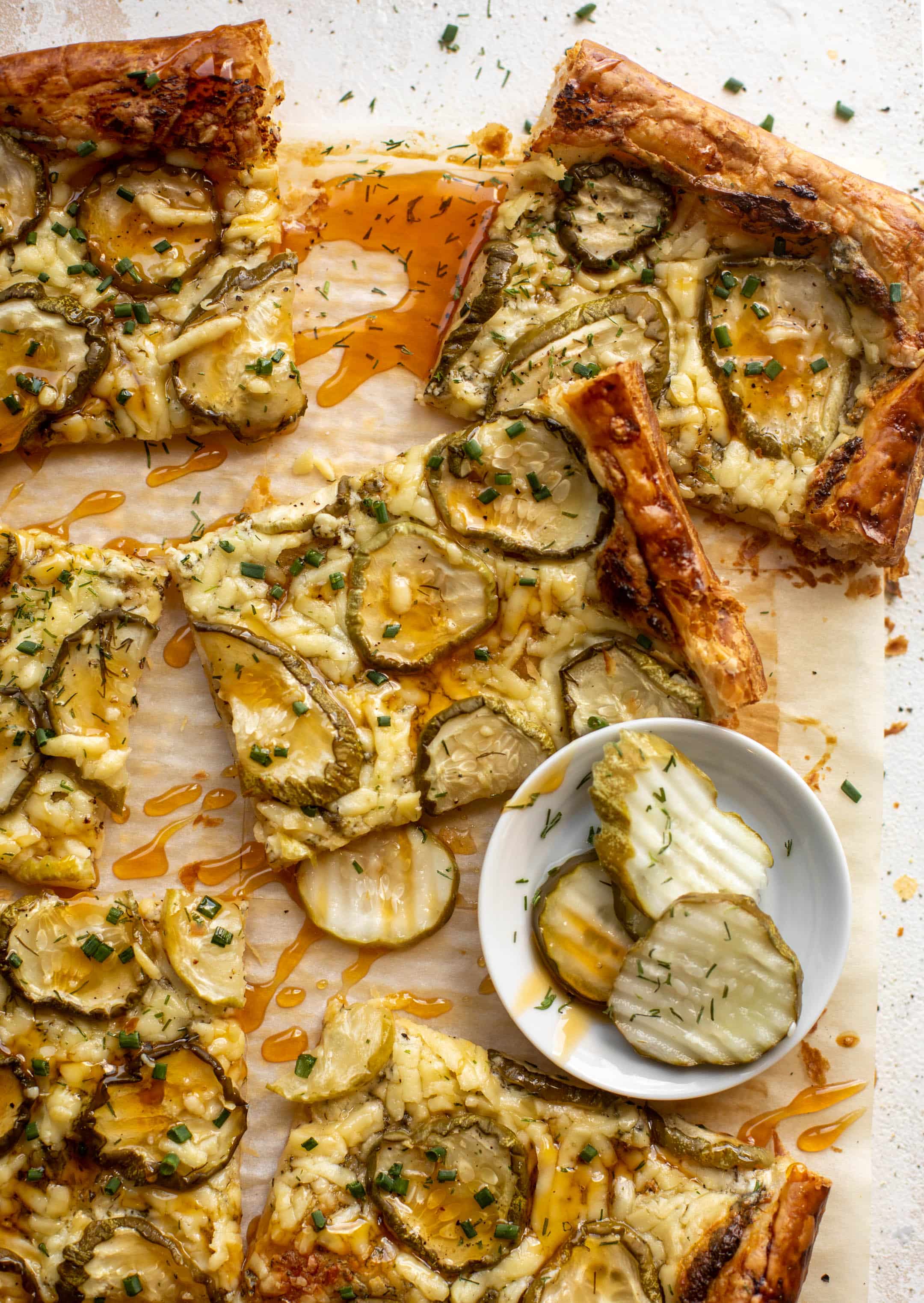 pickle puff pastry pizza with hot honey