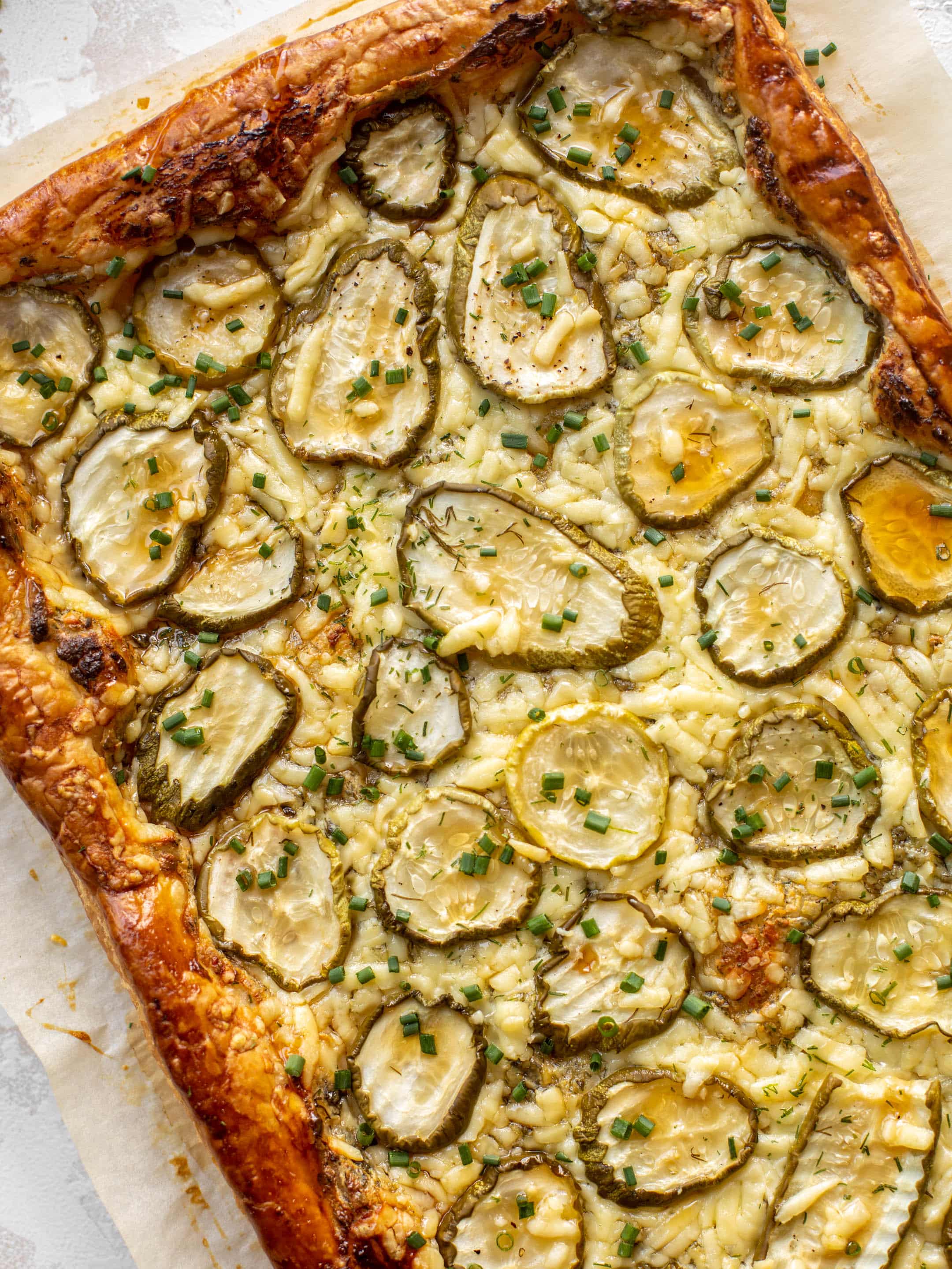 pickle puff pastry pizza with hot honey