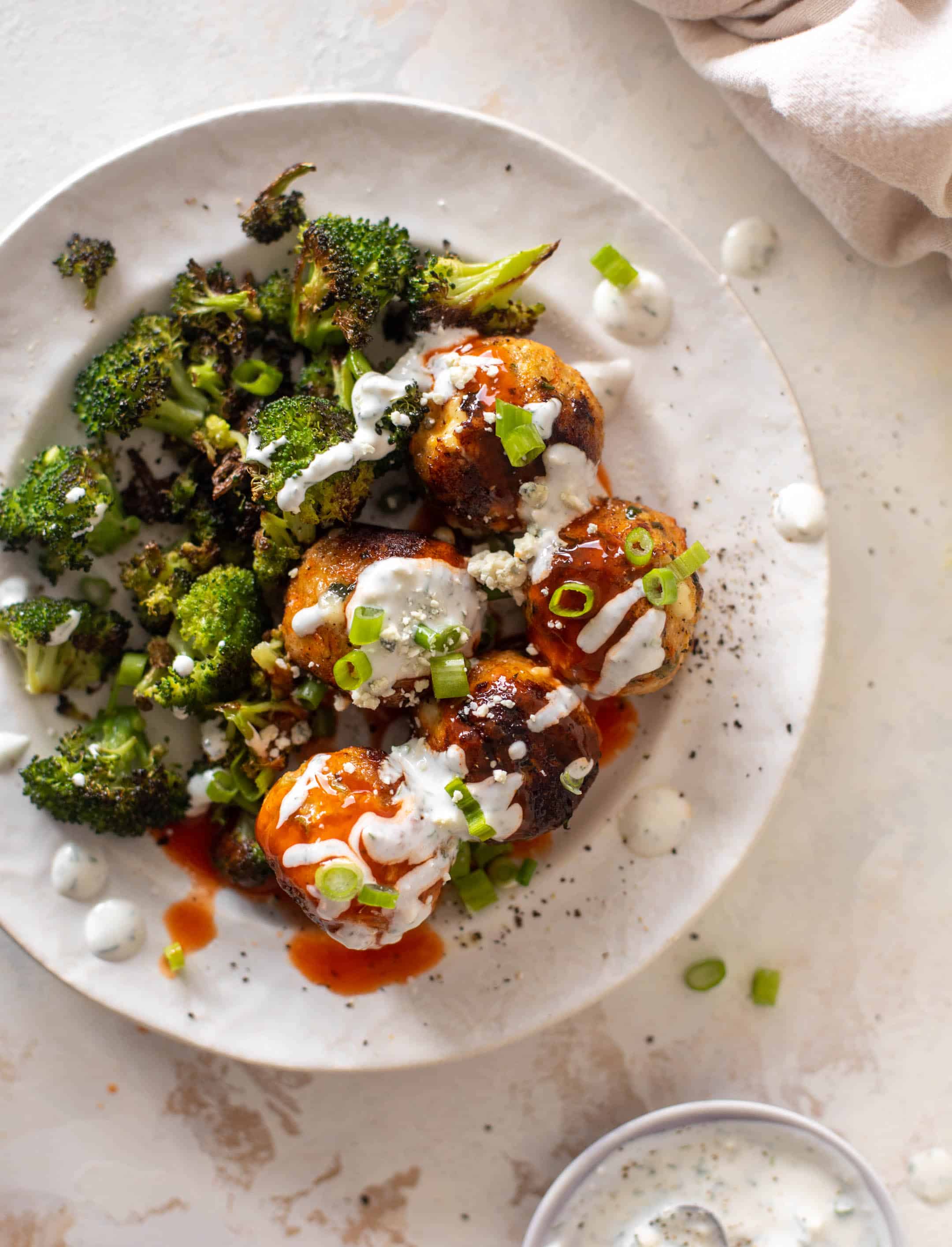 sheet pan buffalo chicken meatballs & broccoli