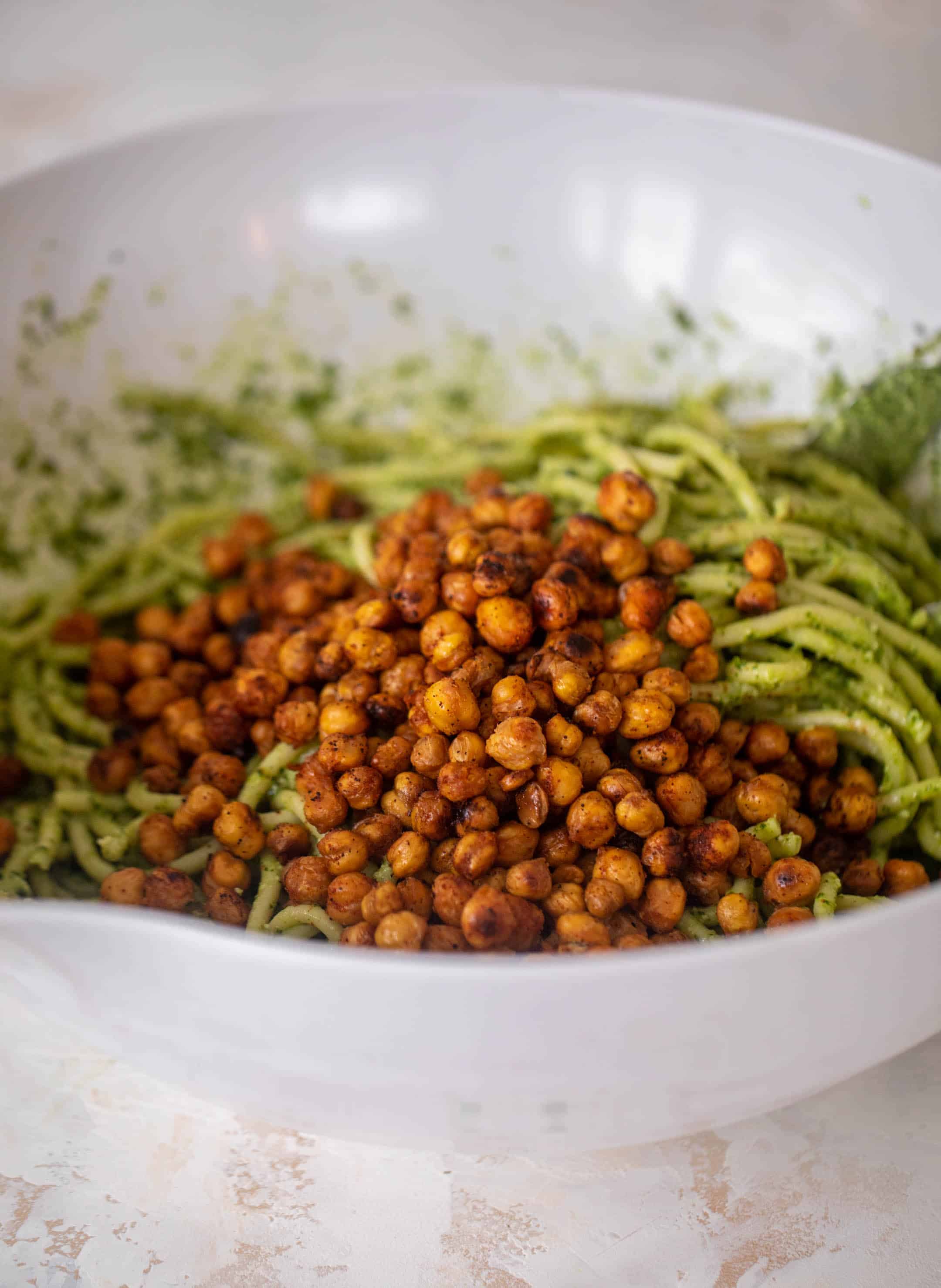 kale pesto pasta with roasted chickpeas