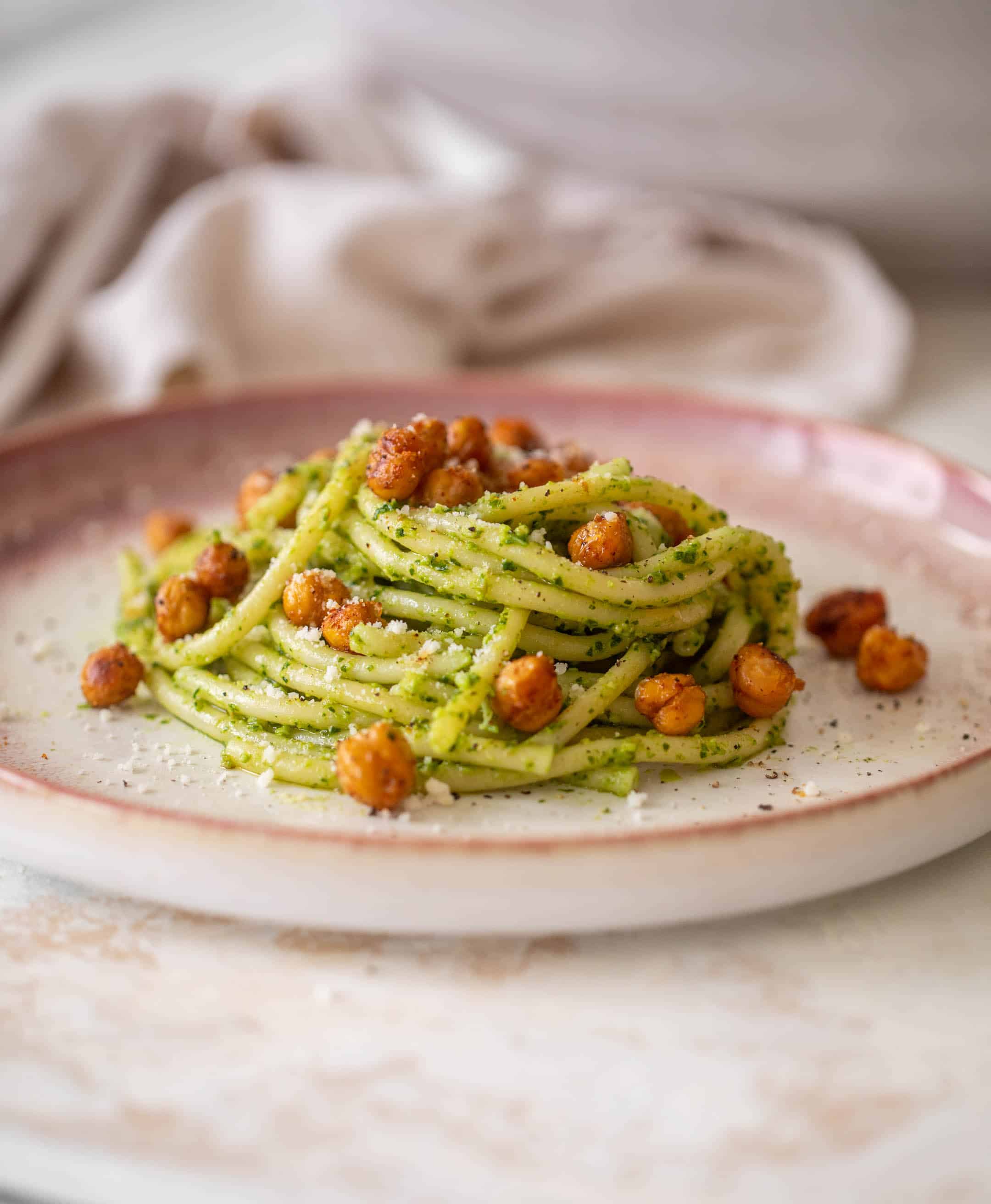kale pesto pasta with roasted chickpeas