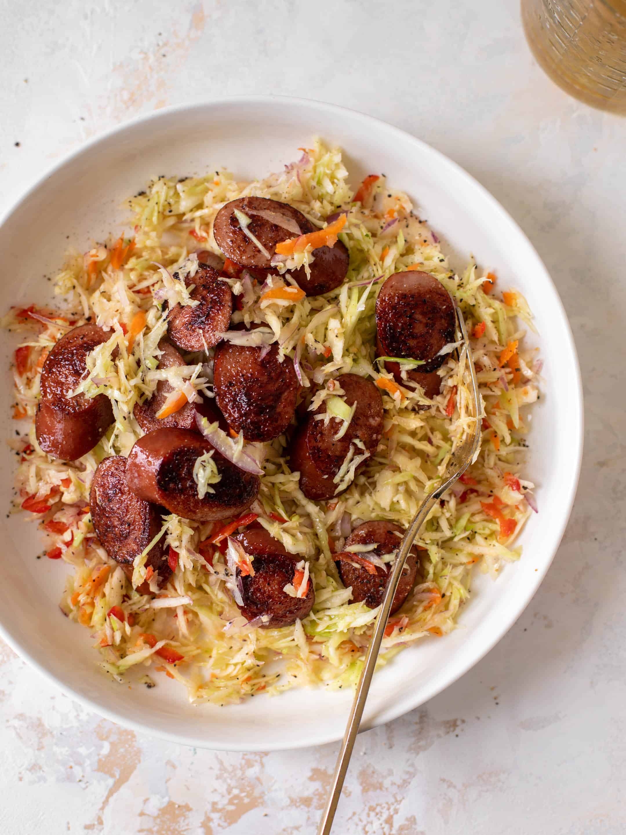smoked sausage salad with shredded cabbage
