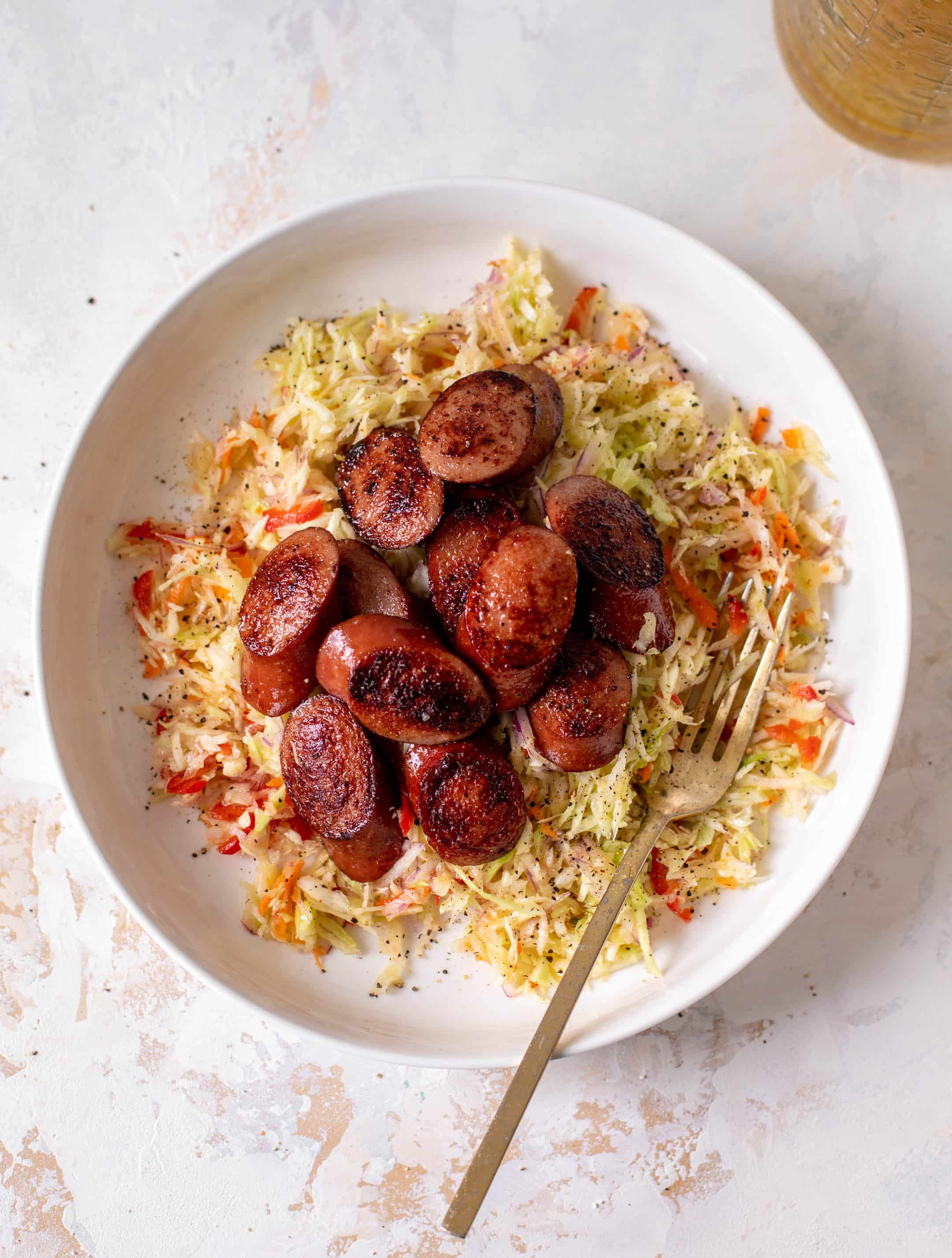 smoked sausage salad with shredded cabbage
