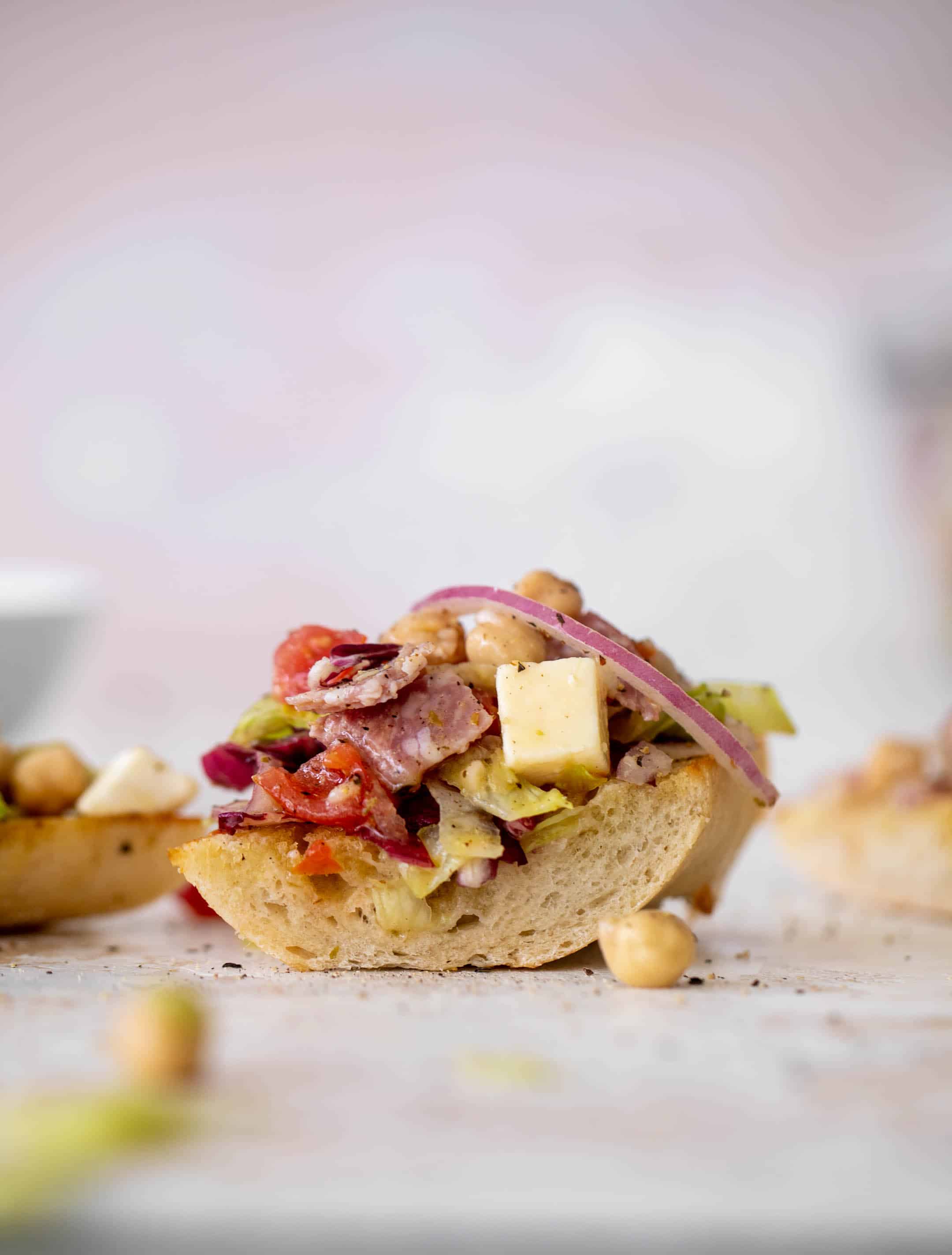 italian chopped salad on garlic bread