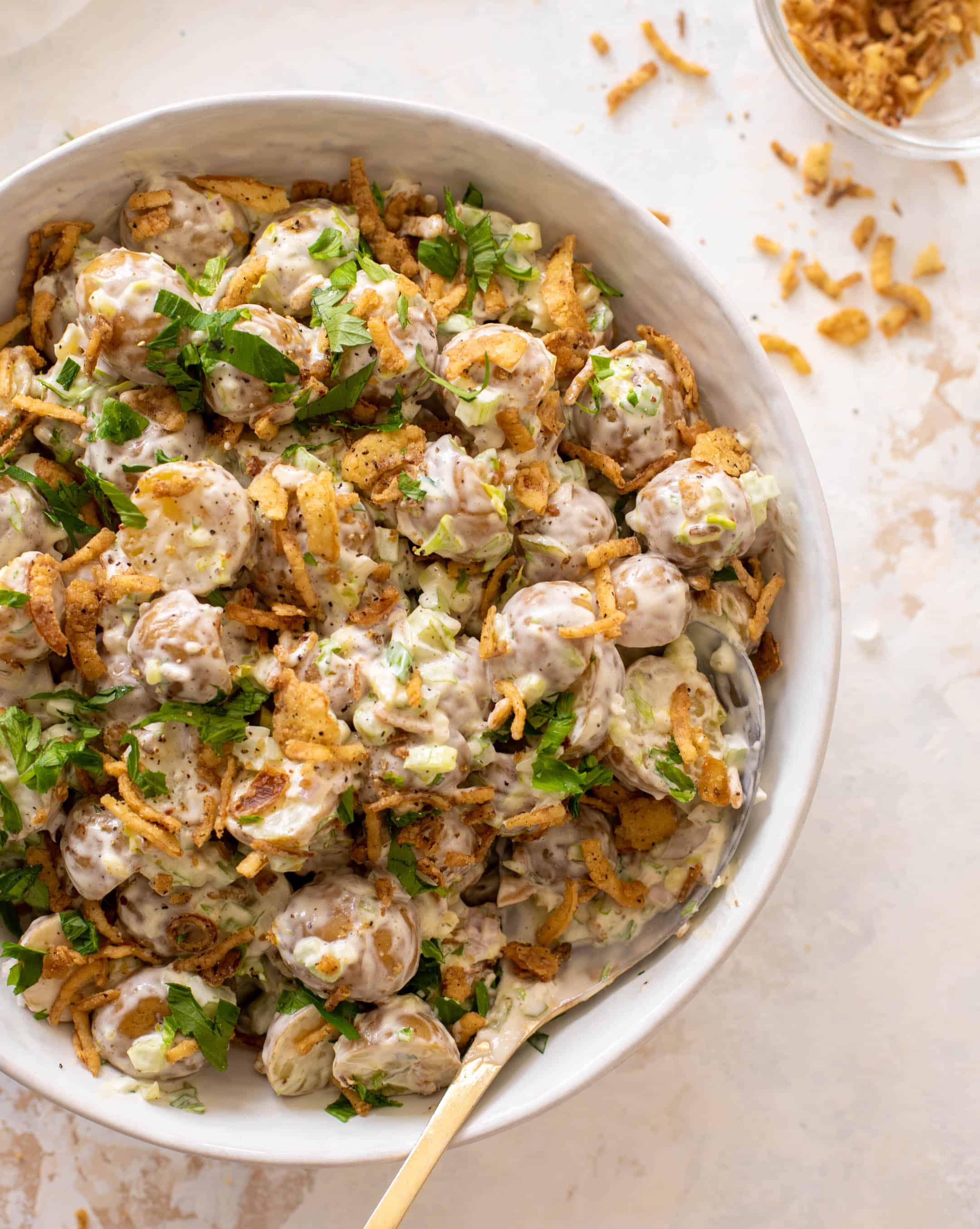 potato salad with crispy shallots