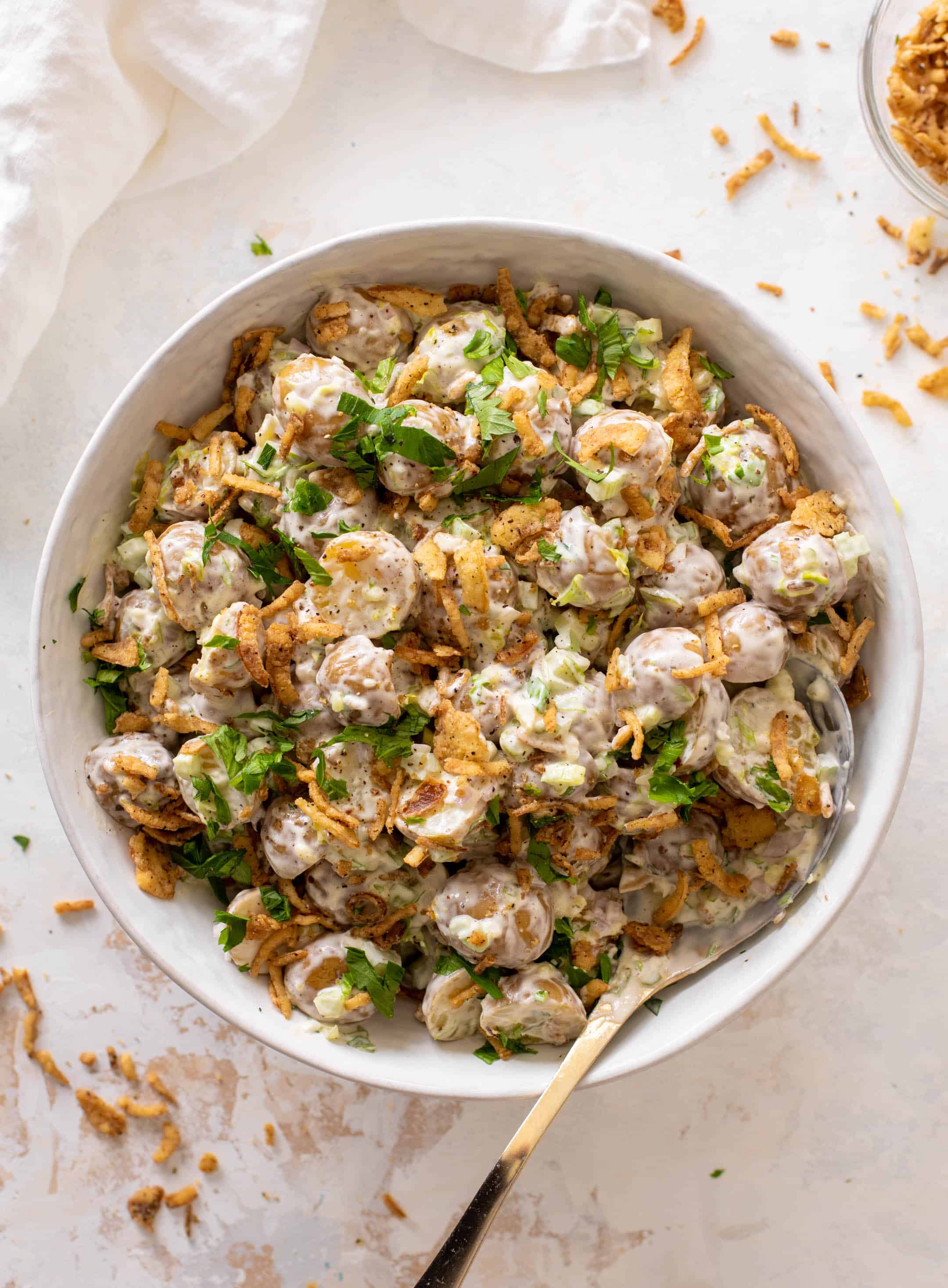 potato salad with crispy shallots