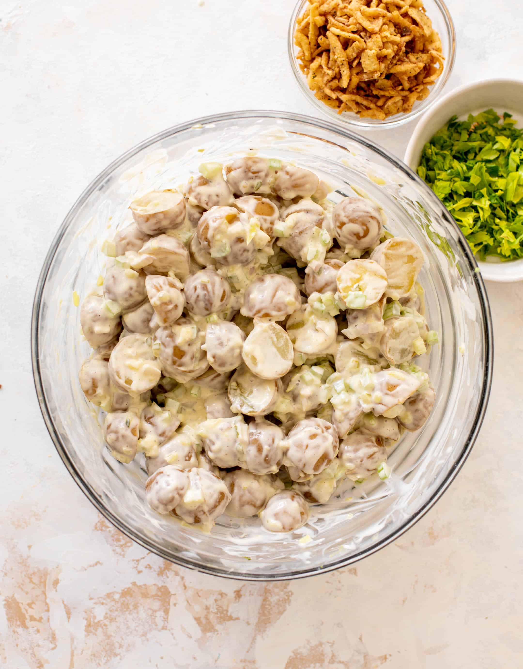 potato salad with crispy shallots