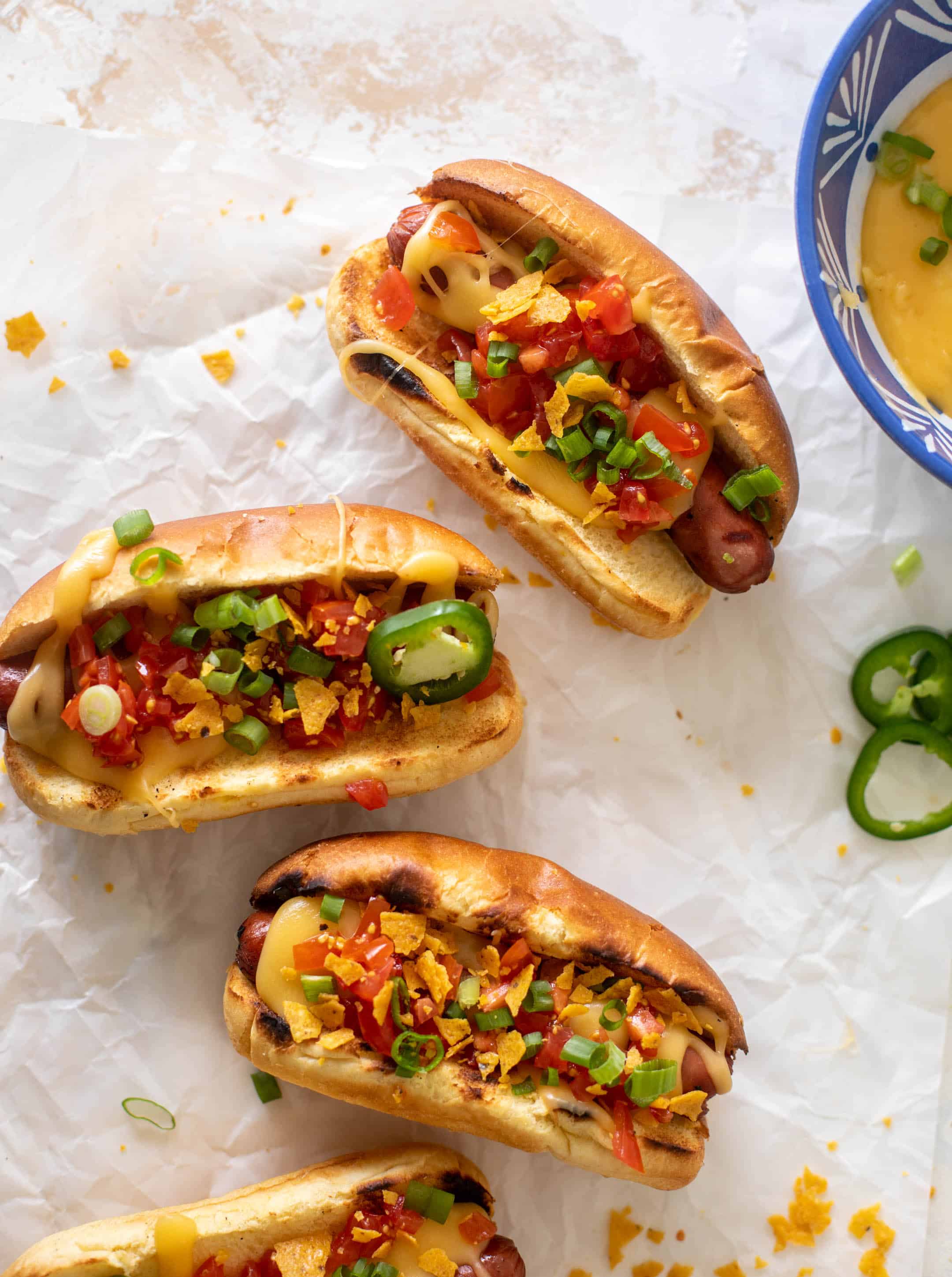 tortilla crunch queso hot dogs