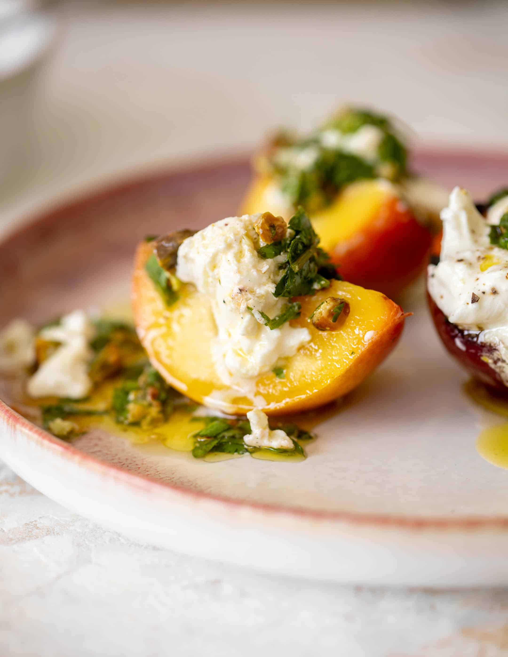 grilled peaches with burrata and pistachio vinaigrette