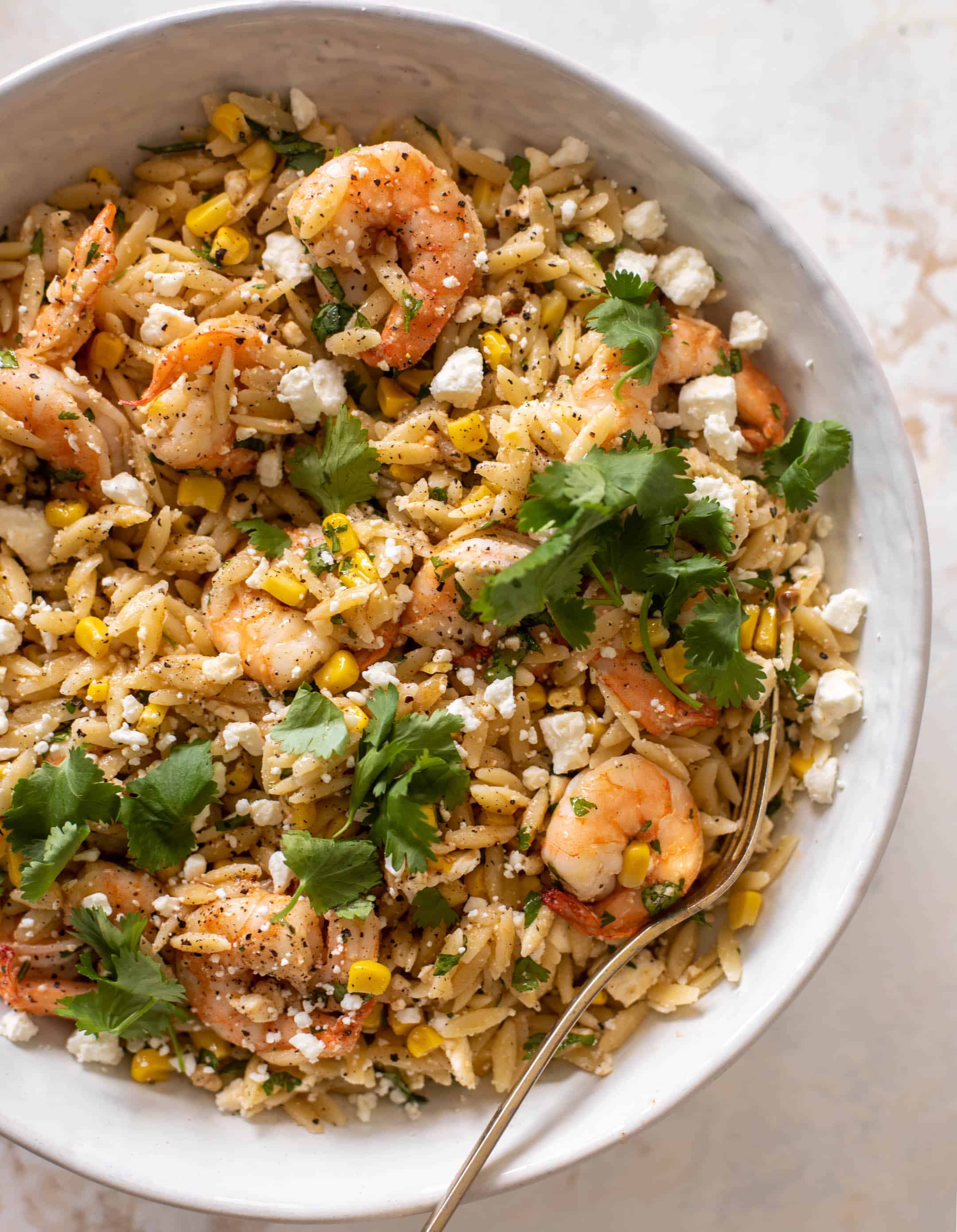 grilled shrimp, corn & feta orzo