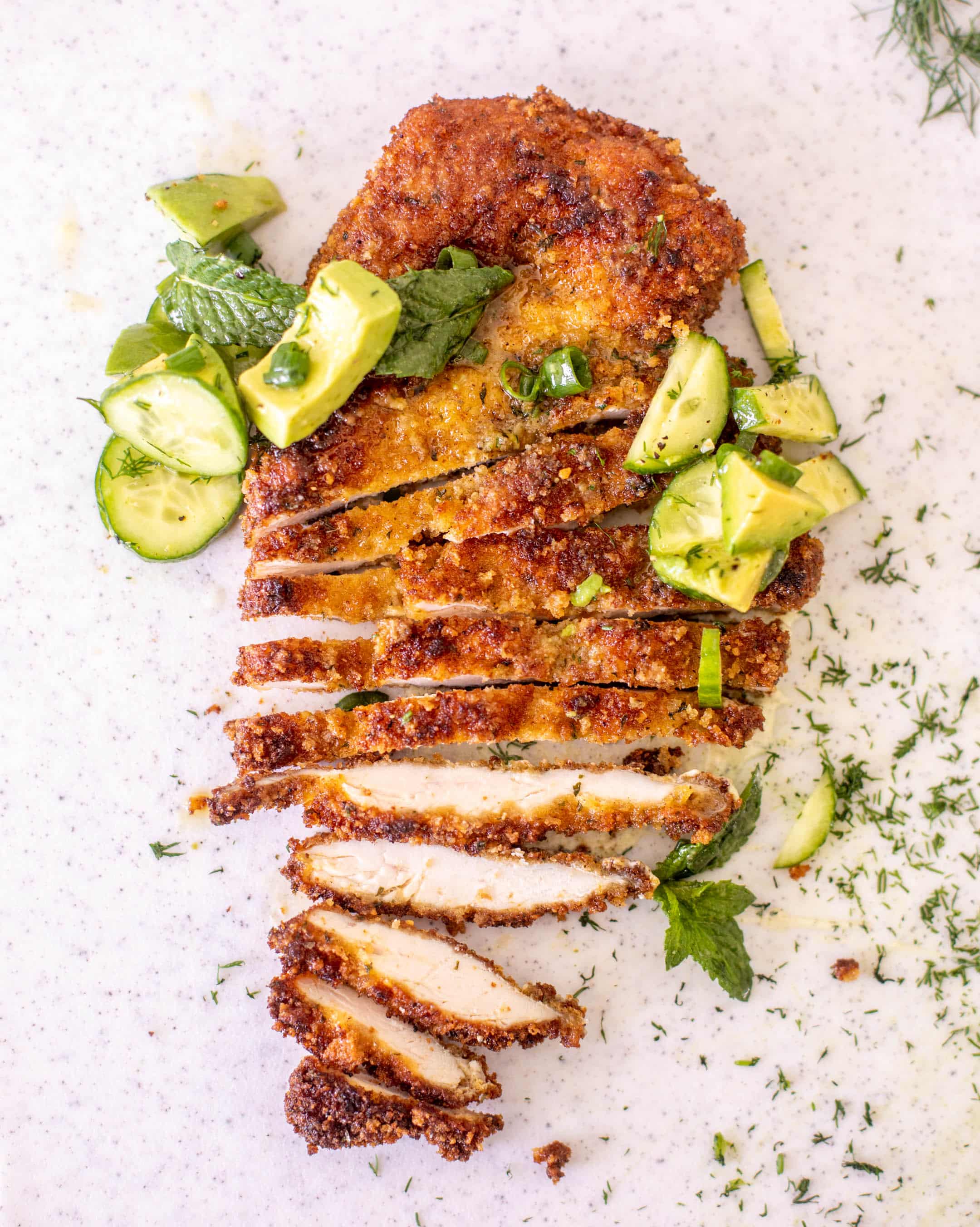 crispy chicken with avocado salad