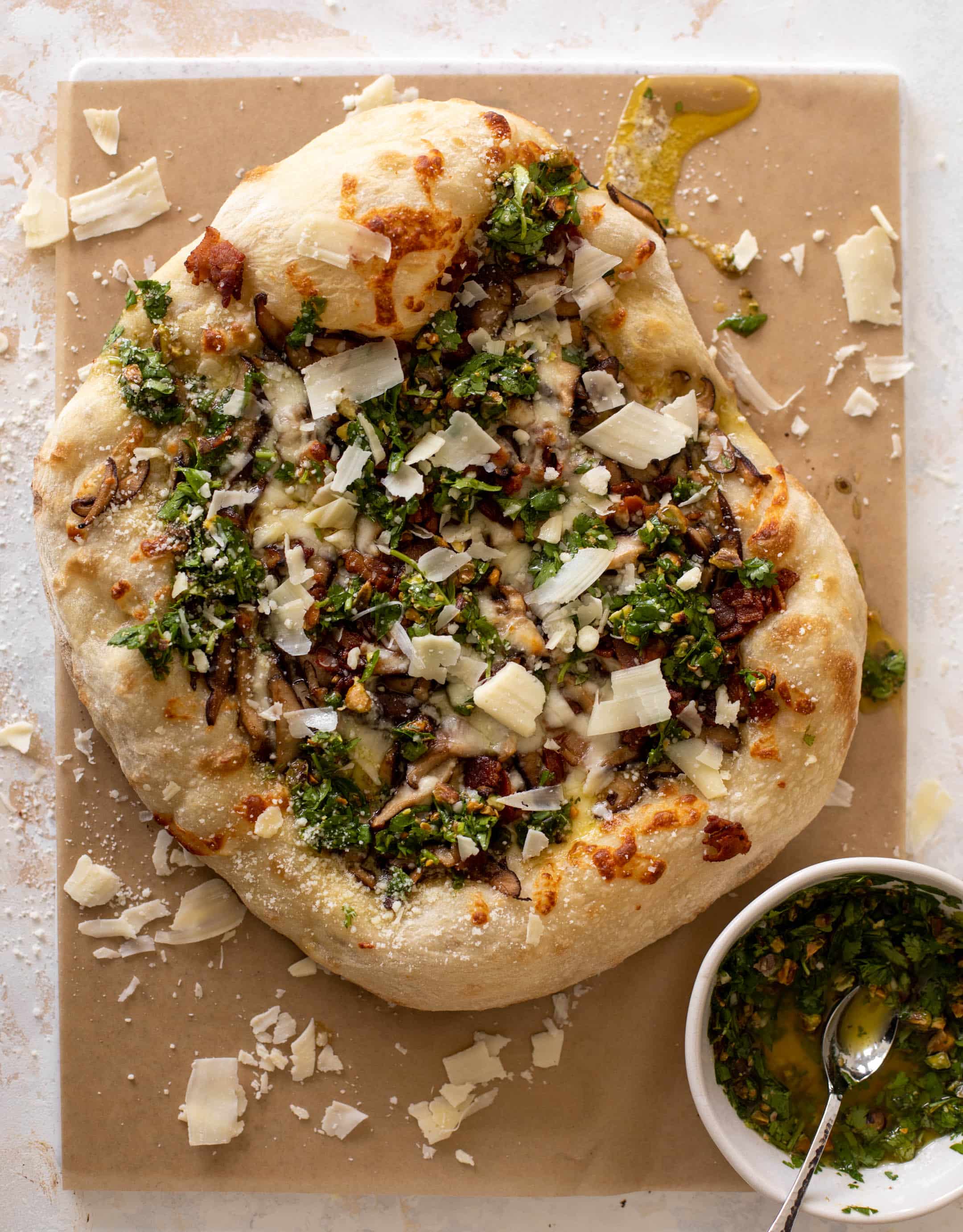 summer mushroom pizza with pistachio vinaigrette