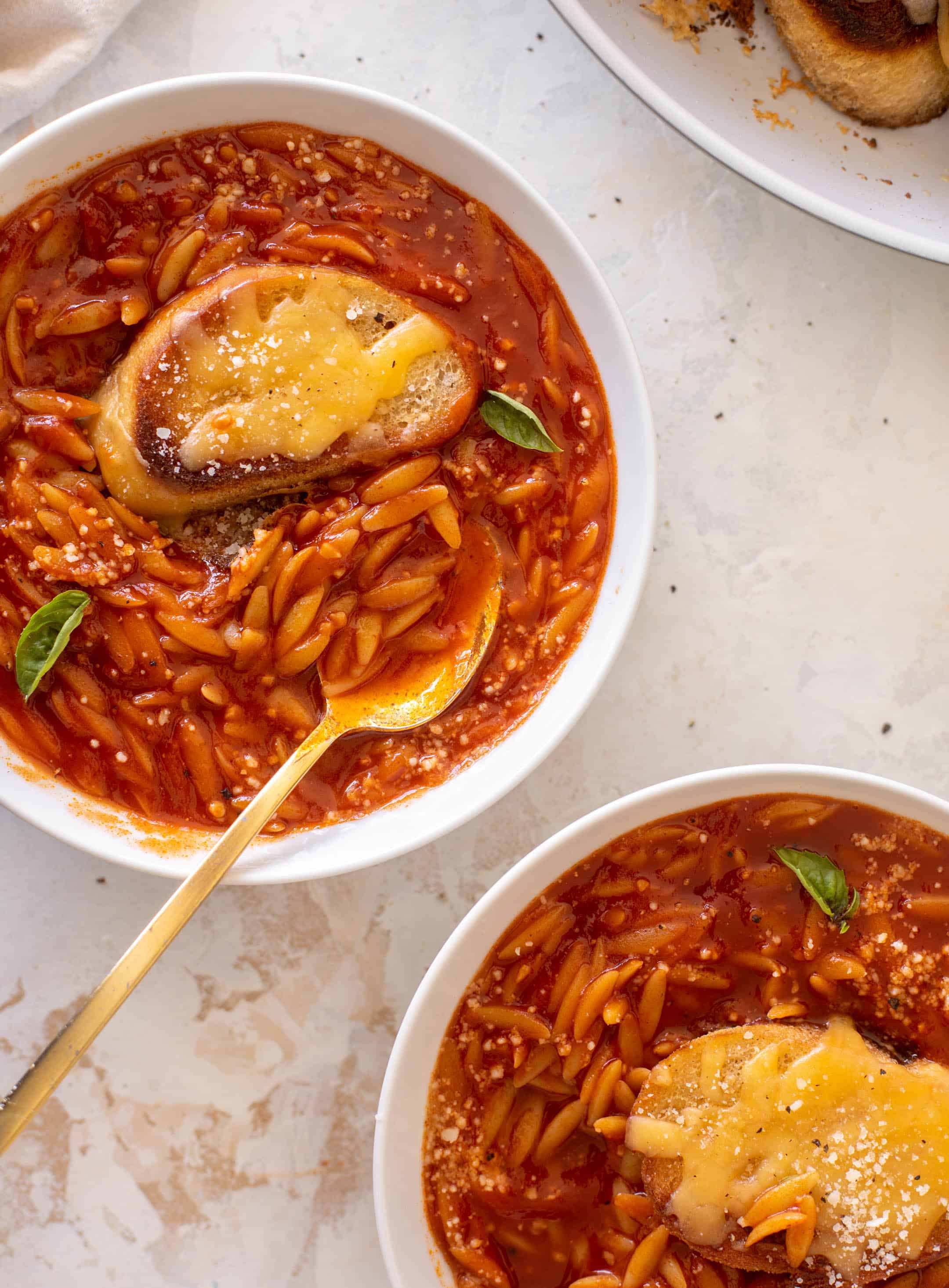tomato orzo soup with crunchy cheddar toasts