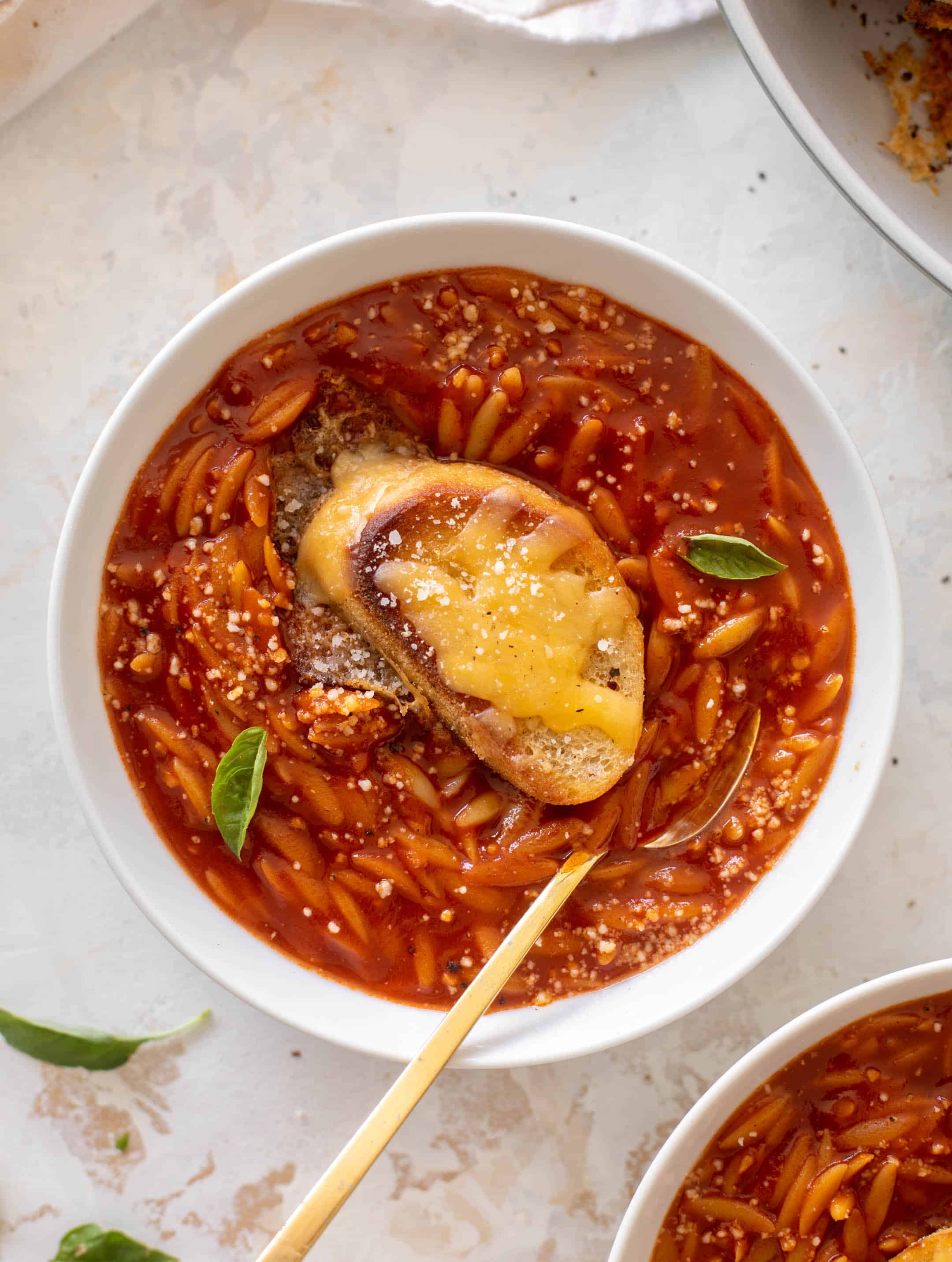 tomato orzo soup with crunchy cheddar toasts