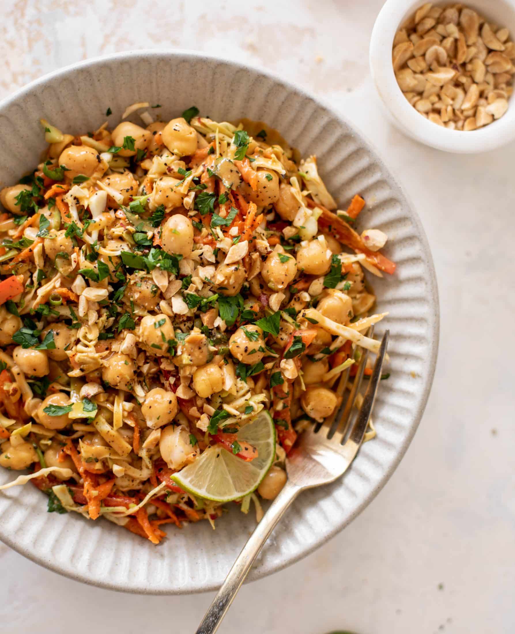 chickpea crunch salad with peanut dressing