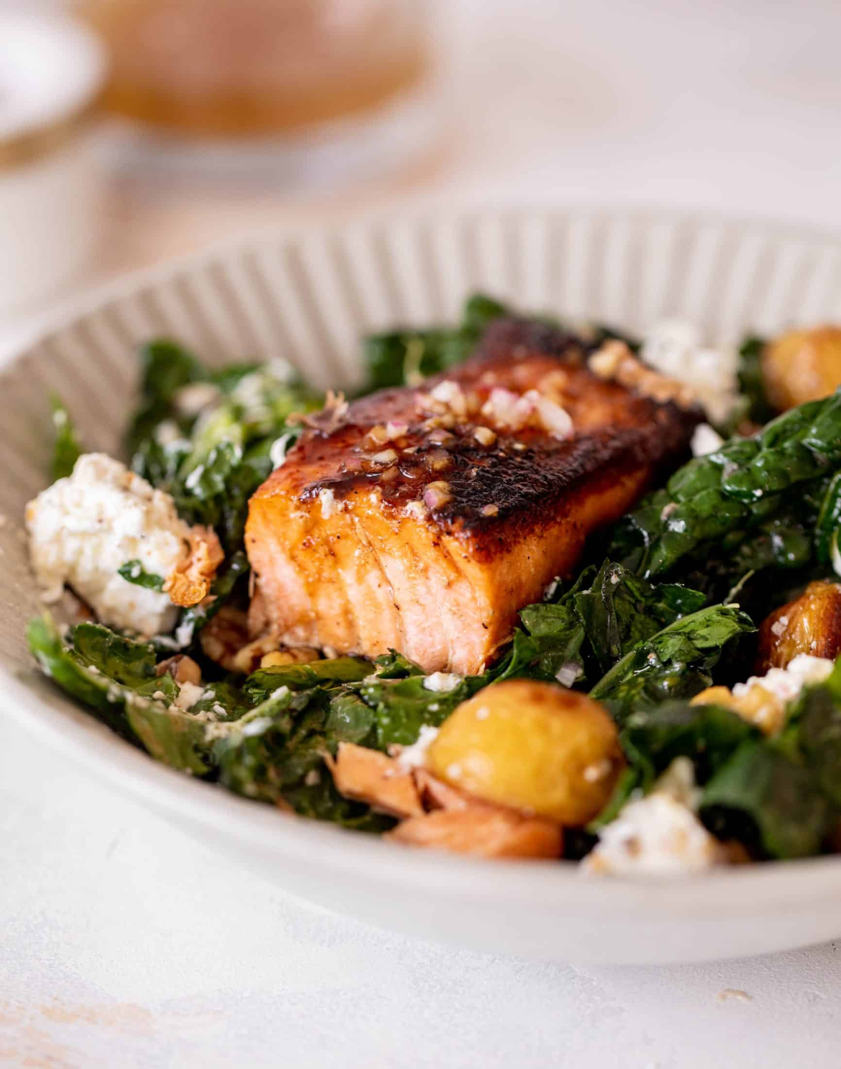 sticky cider salmon kale salad