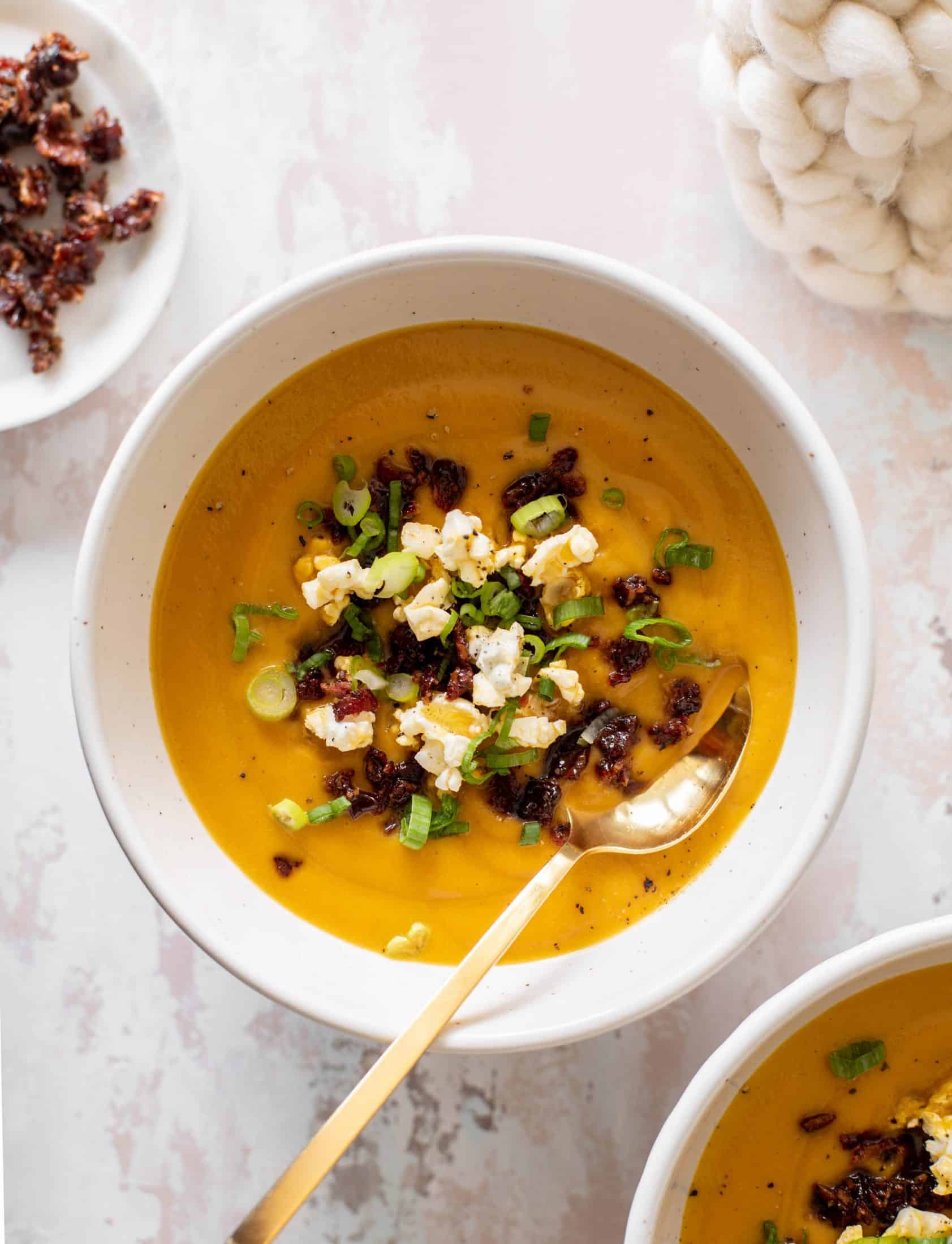 honeynut squash soup with buttered popcorn
