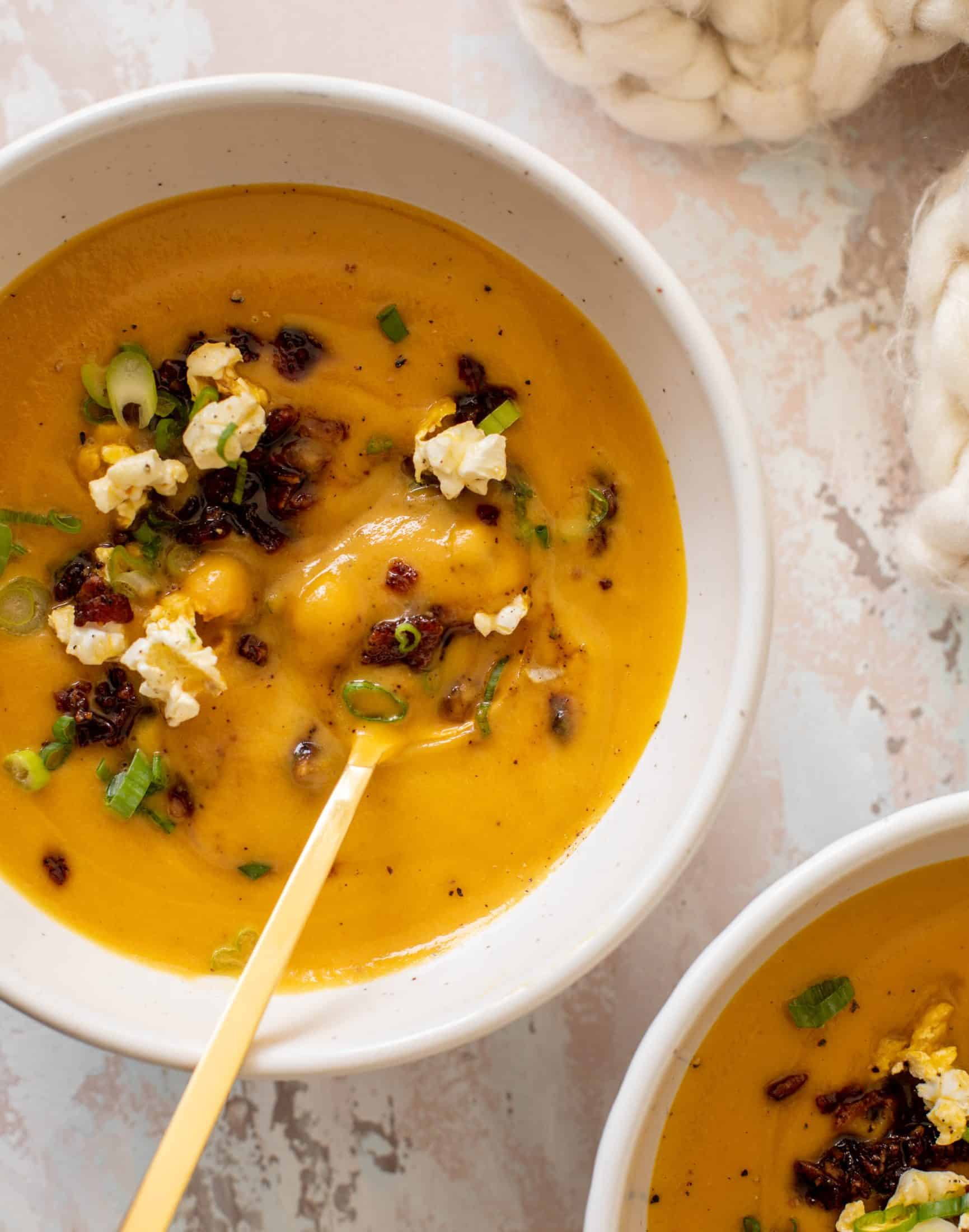 honeynut squash soup with buttered popcorn