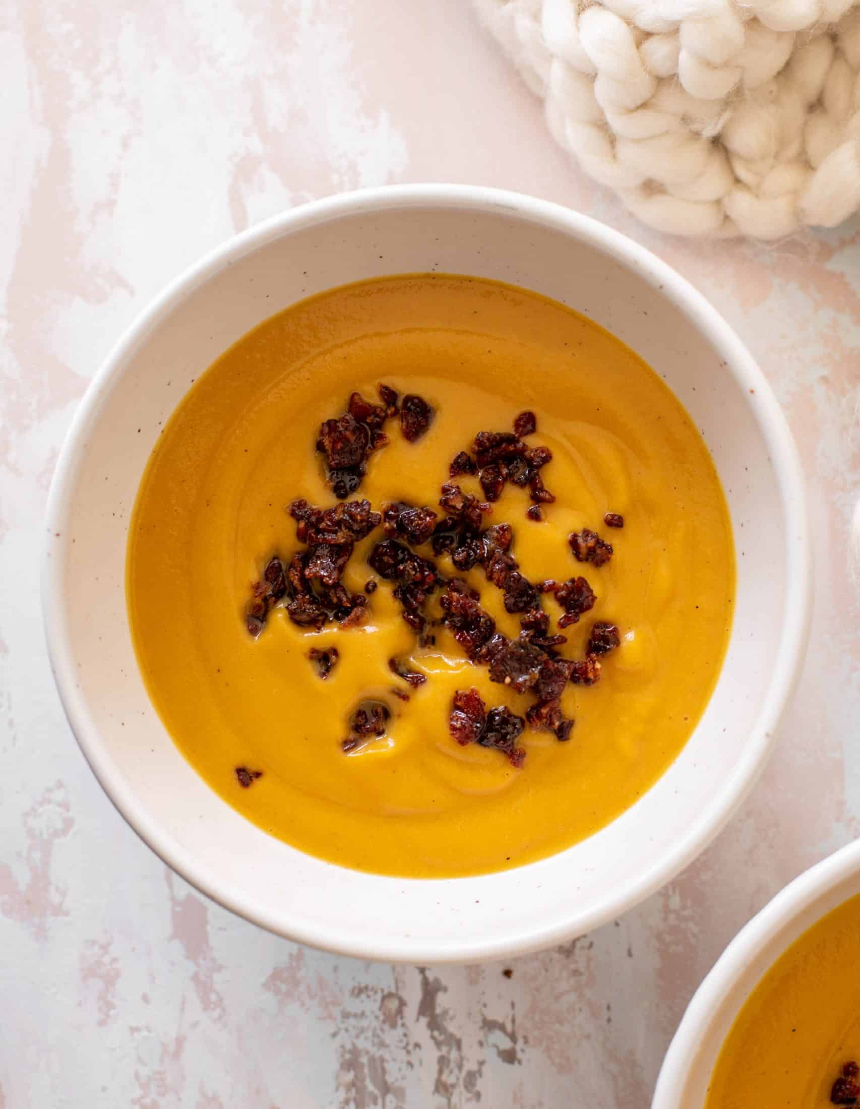 honeynut squash soup with buttered popcorn