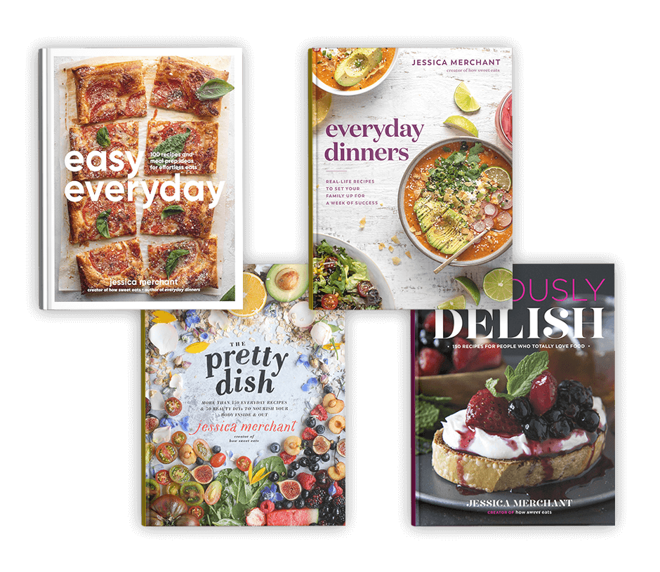 Four cookbook cover mockups: Easy Everyday, Everyday Dinners, Pretty Dish, and Seriously Delish.