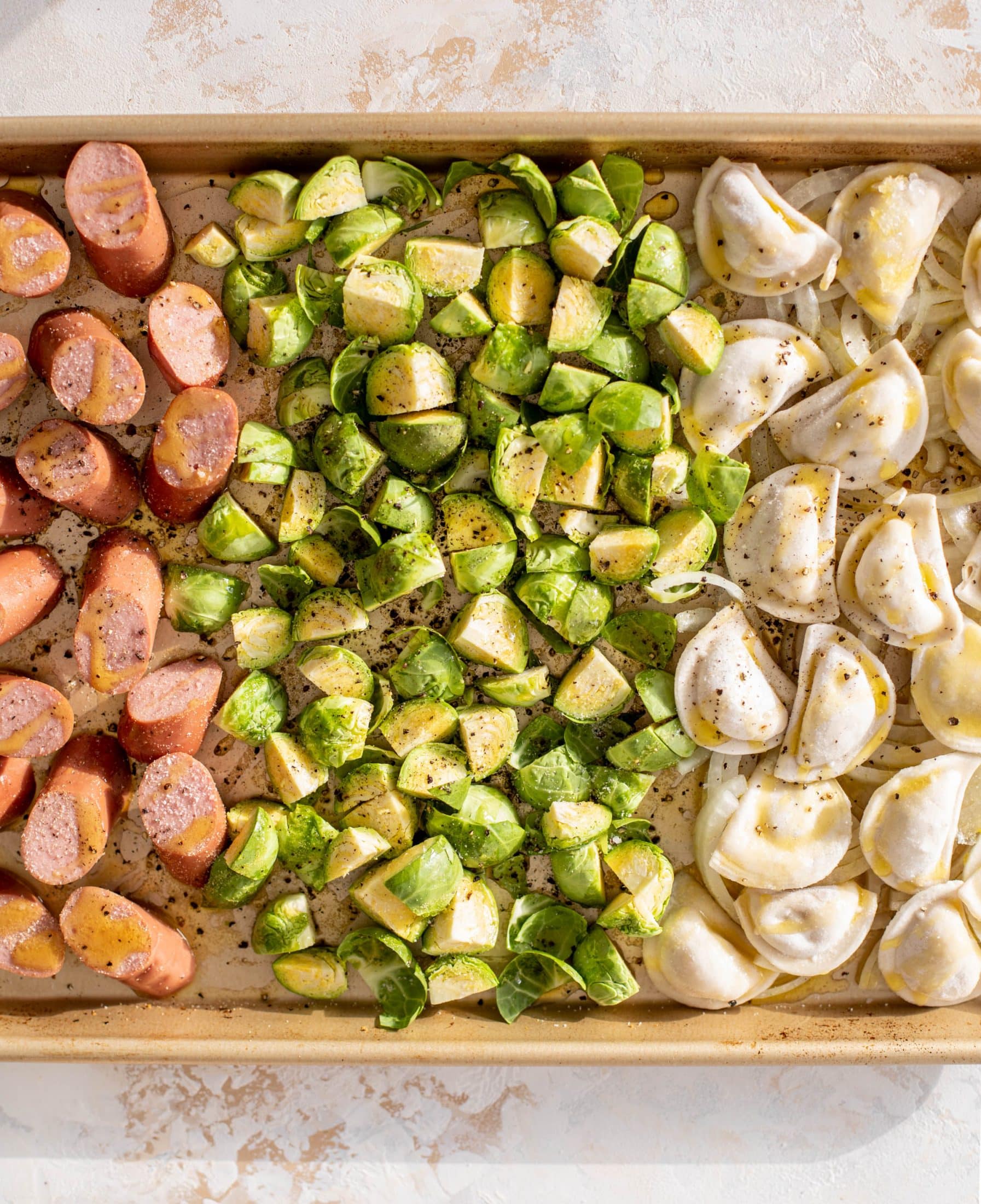 sheet pan pierogi, smoked sausage and brussels sprouts