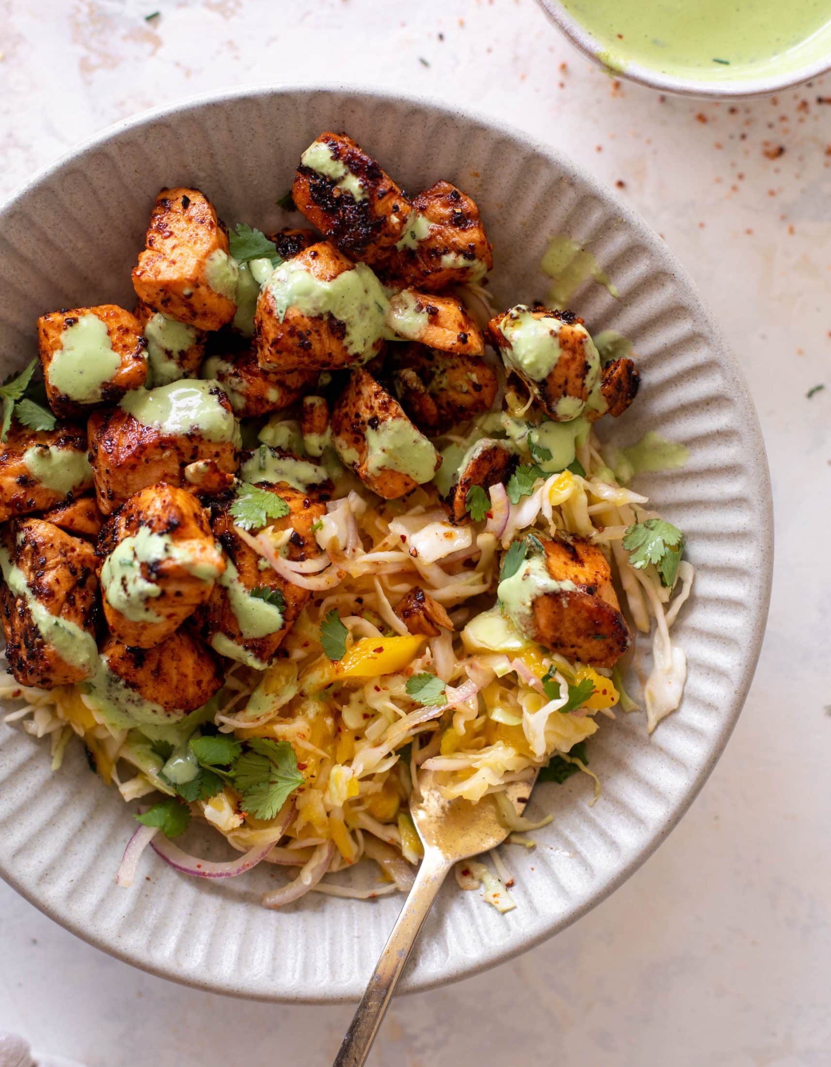 chili lime salmon bites with mango slaw