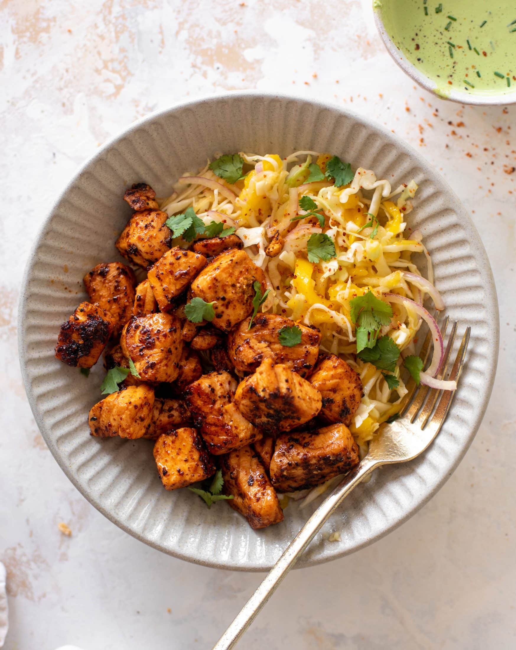 chili lime salmon bites with mango slaw
