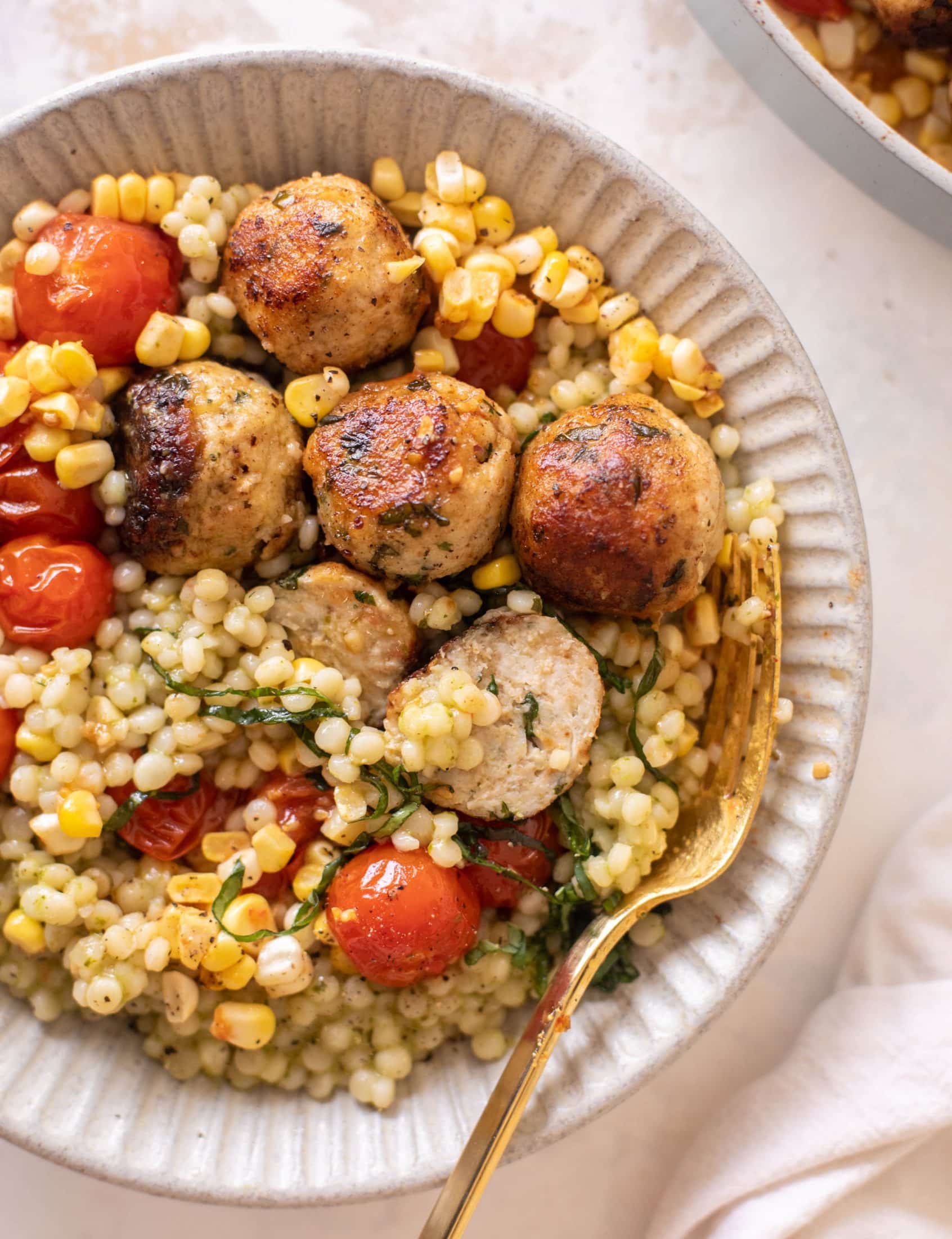 basil chicken meatballs with summer couscous