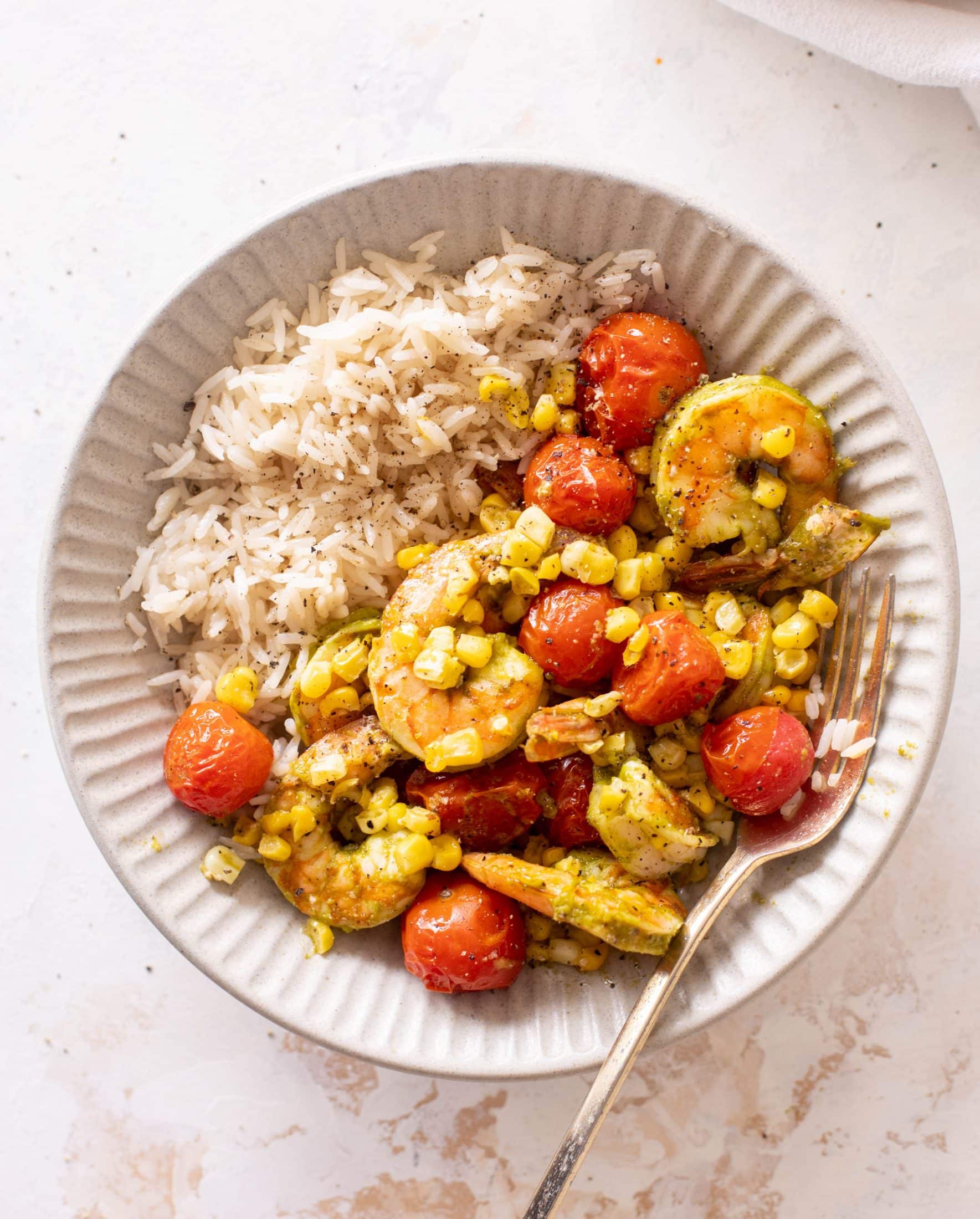 sheet pan summer shrimp and rice bowls
